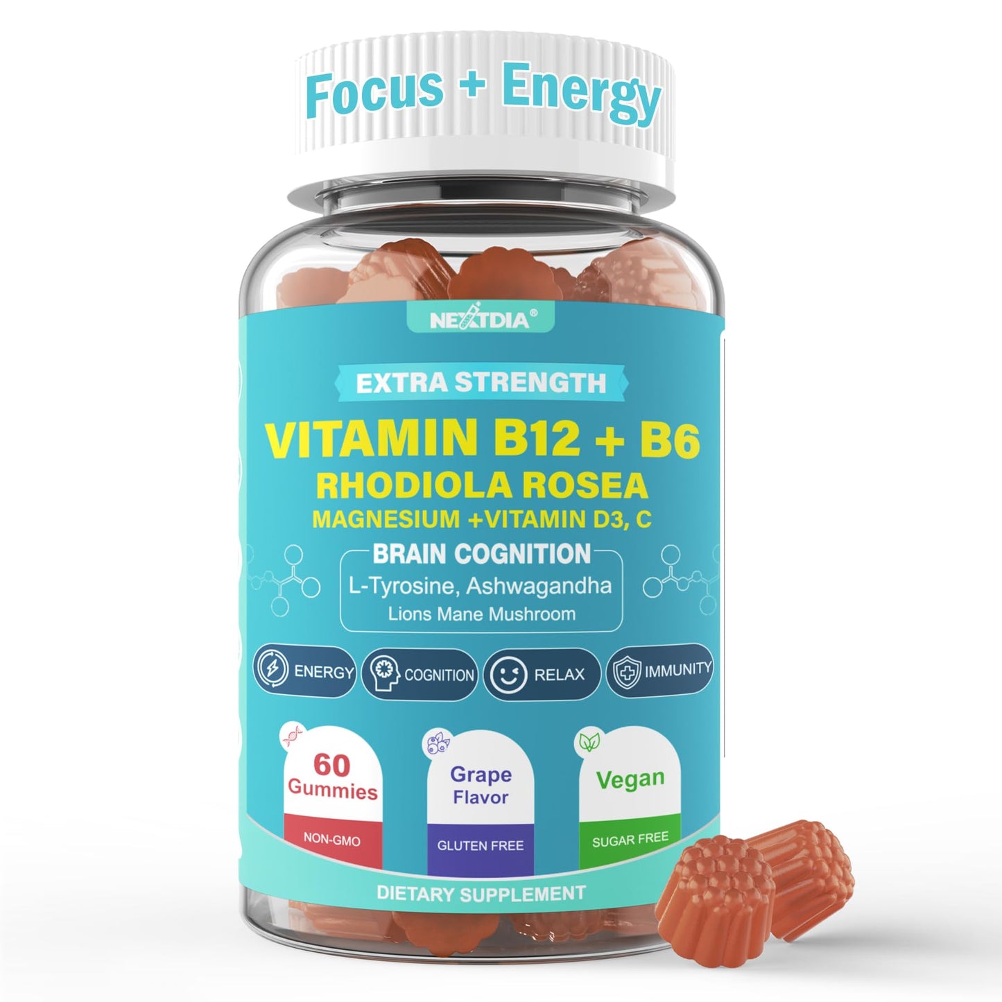 Nextdia Focus Memory & Energy Gummies, Gummy, 60 Count