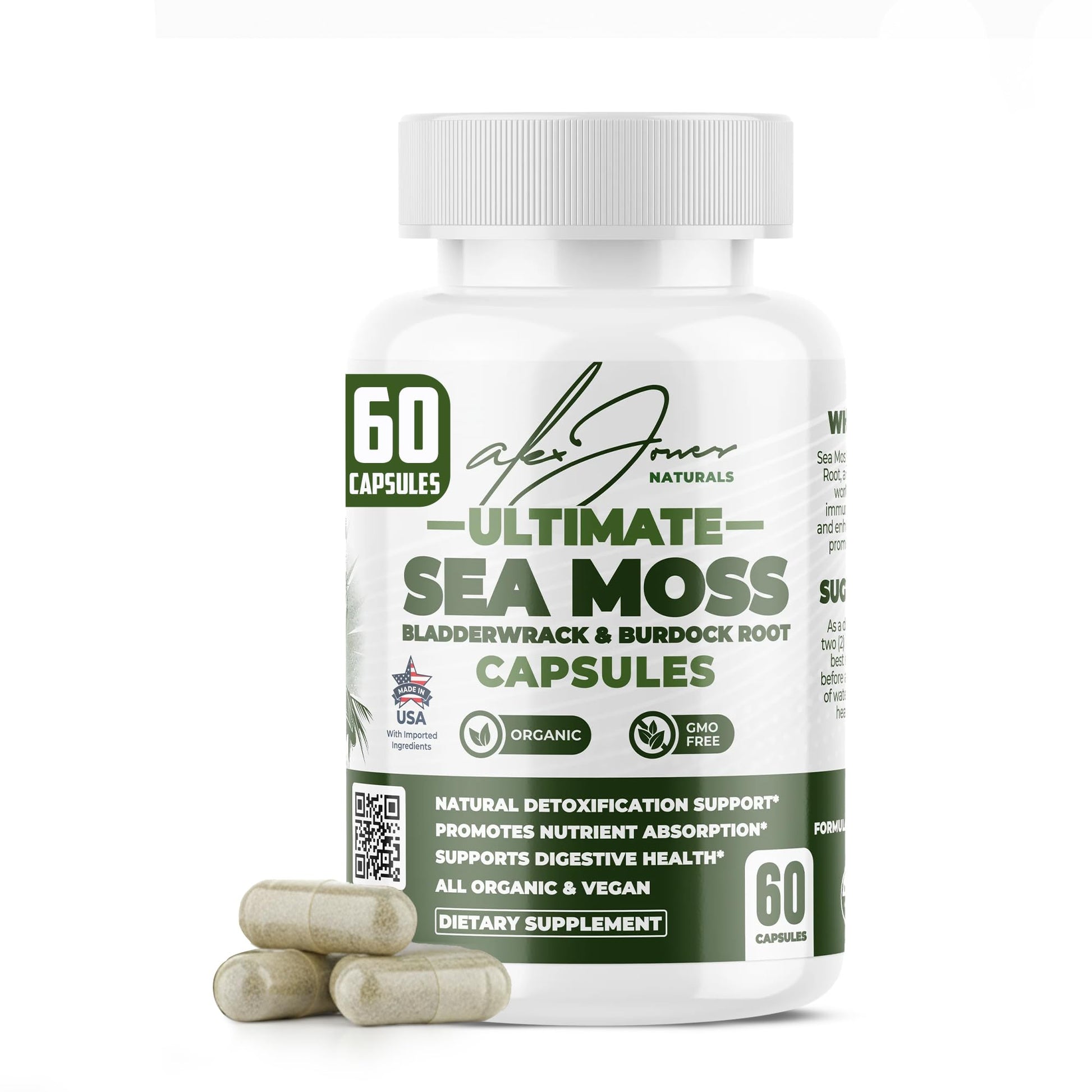 Alex Jones Naturals Organic Irish Sea Moss with Bladderwrack & Burdock Seamoss Capsules 60 Count