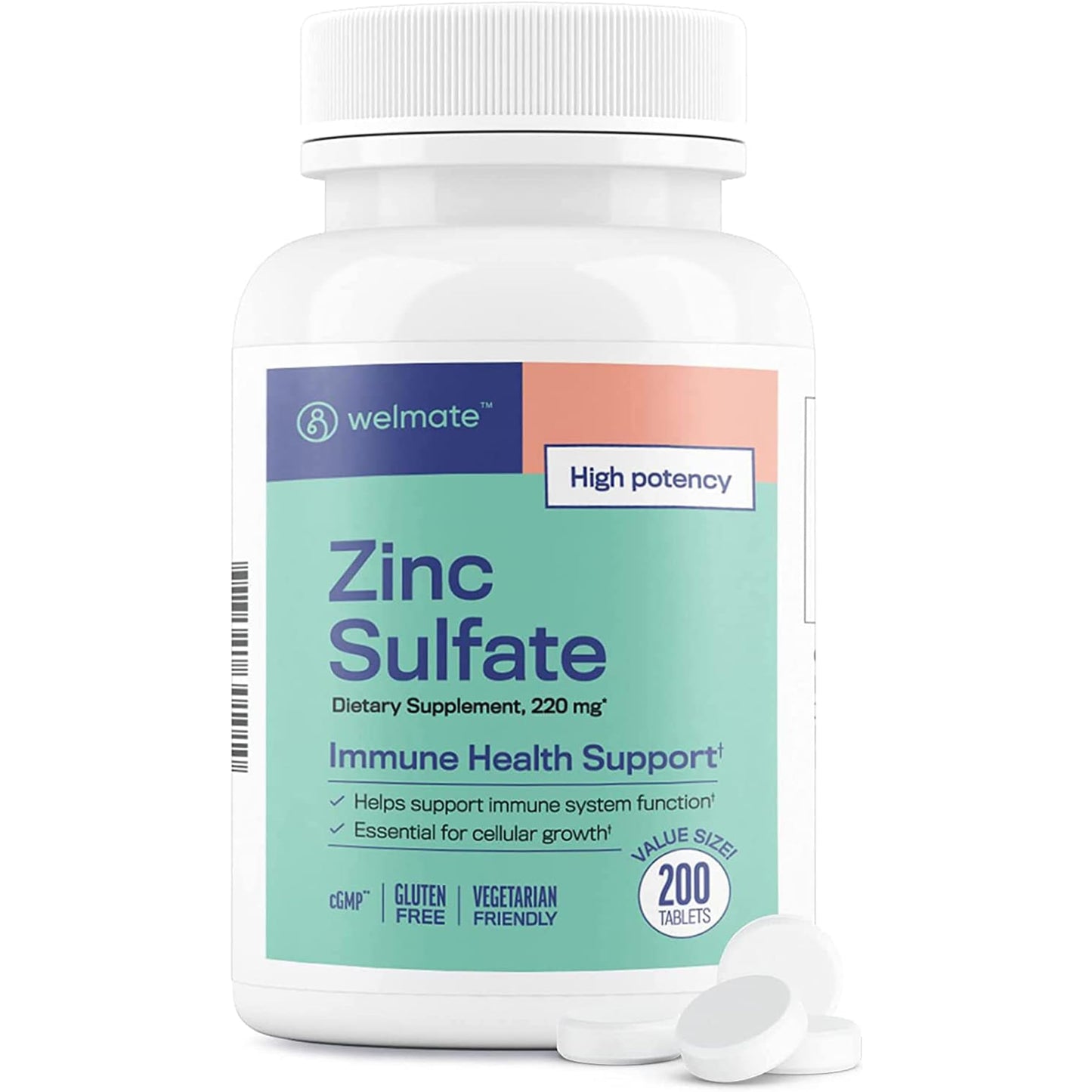 WELMATE Zinc Sulfate 220mg (50mg Elemental Zinc) High Potency Tablet, 200 Count