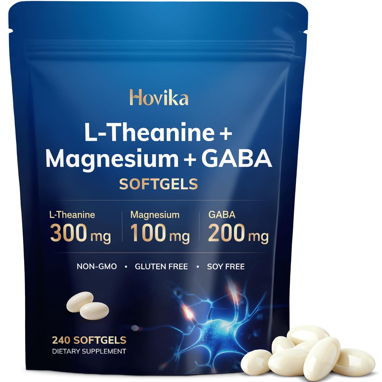 Hovika L-Theanine Softgels 300mg with Magnesium Bisglycinate 500mg, Magnesium Citrate 300mg, GABA 200mg | Enhanced Absorption with Coconut Oil | Calm, Relaxation & Focus Support | Non-GMO, 240 Count
