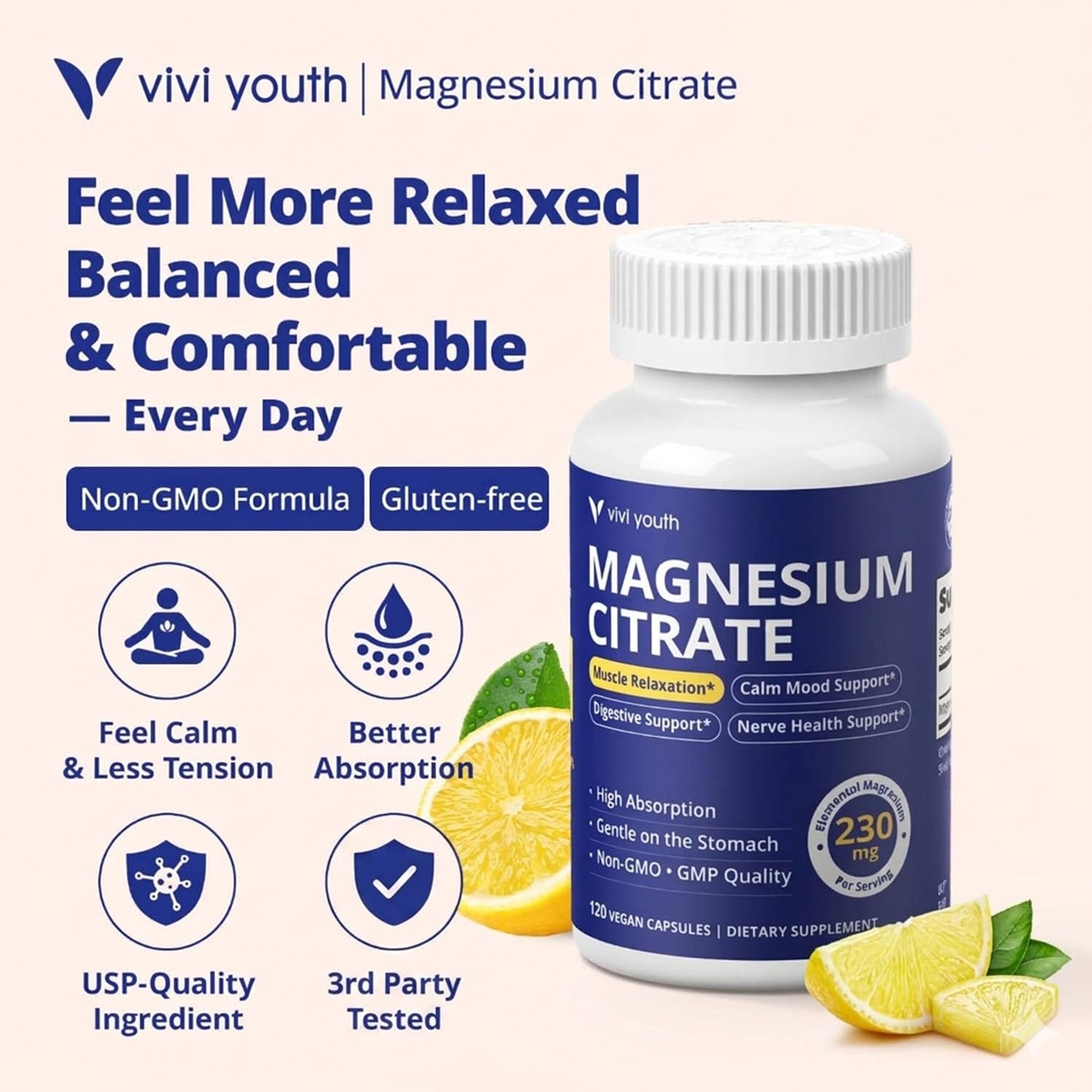 VIVI Youth Magnesium Citrate 230mg Elemental Capsules, 120 Count
