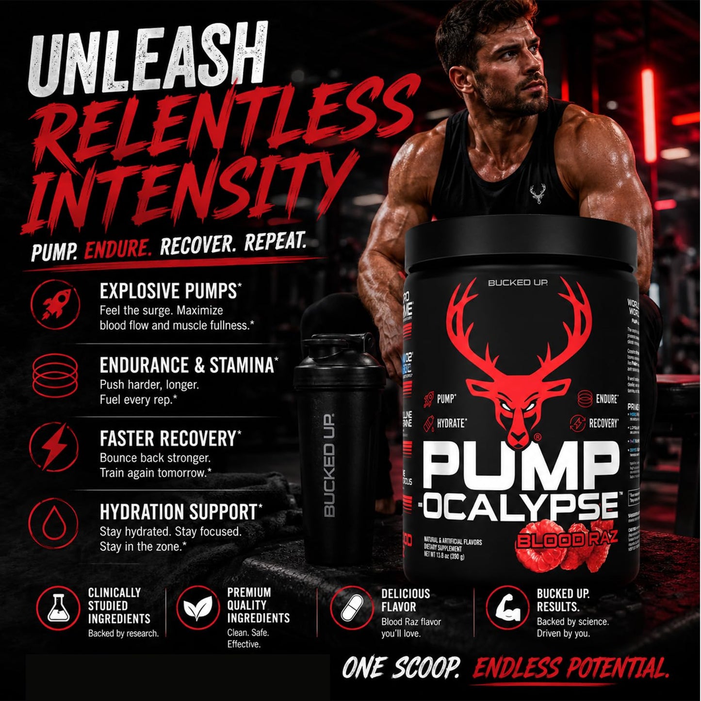 Bucked Up Pump-ocalypse Blood Raz Nitric Oxide and L-Arginine Supplement with Citrulline Malate, GlycerPump Powder 13.8 Ounces