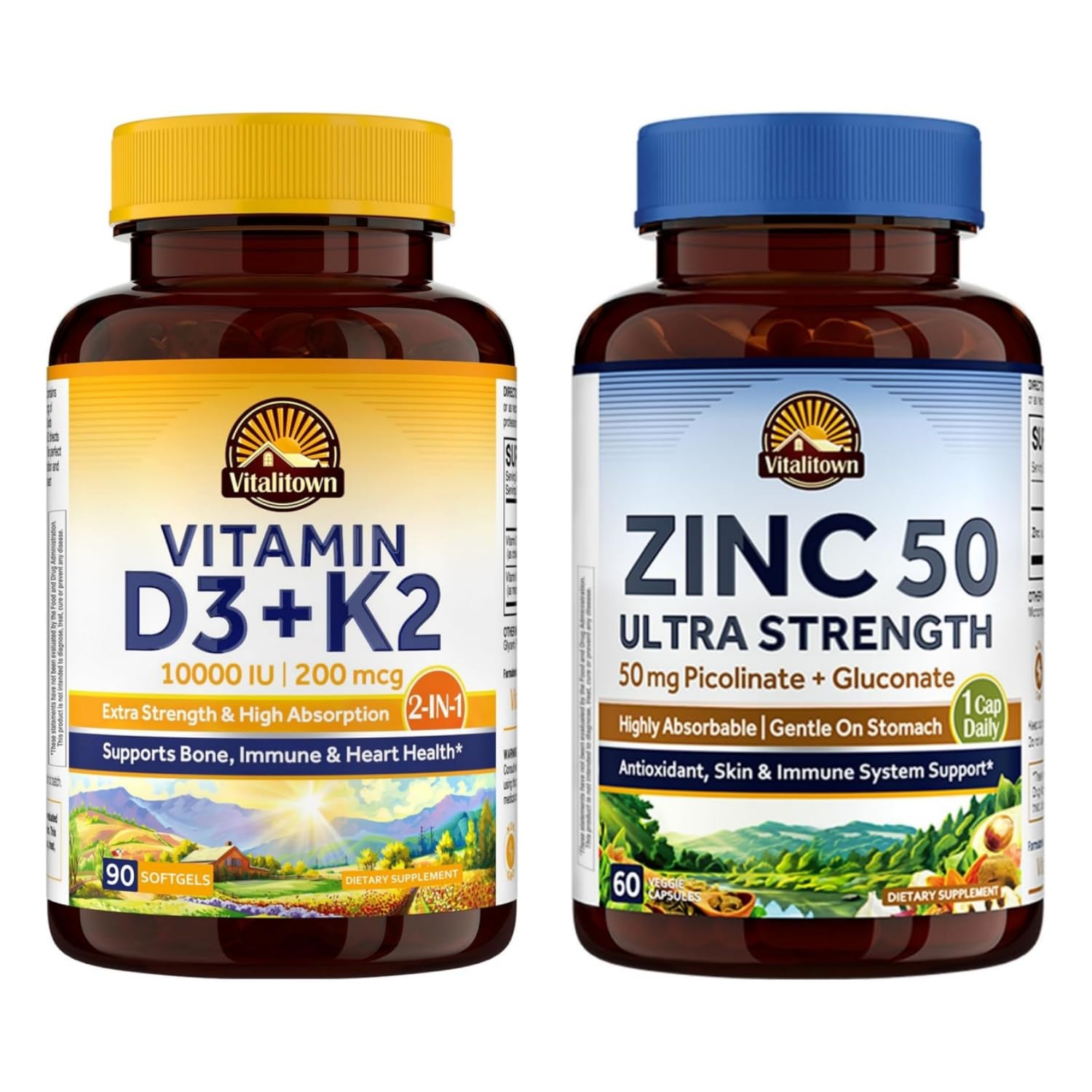 Vitalitown Vitamin D3 K2 + Zinc Supplement Bundle, 90 Softgels + 60 Veggie Capsules, 150 Count