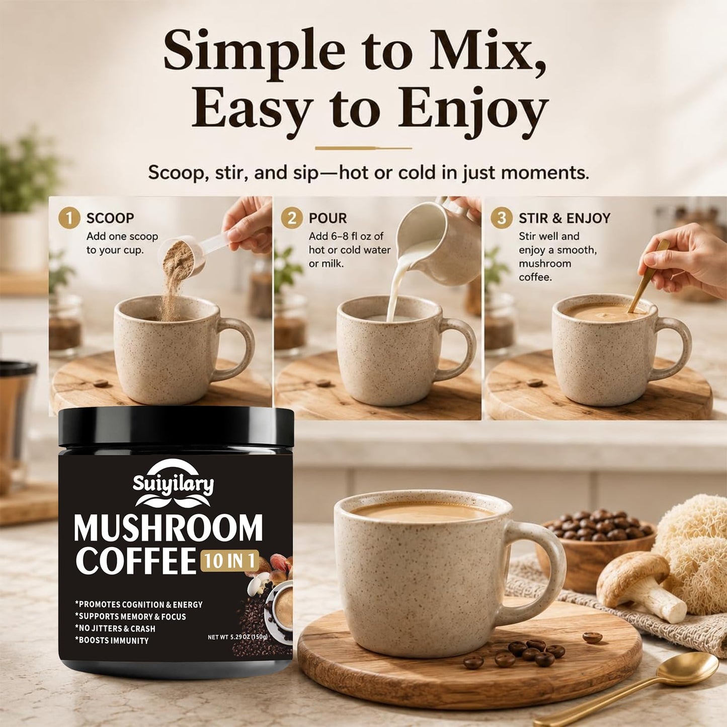 Suiyilary Mushroom Coffee Powder 5.3 oz - 10-Mushroom Extract Blend (Lion's Mane, Reishi, Chaga, Cordyceps, Turkey Tail)
