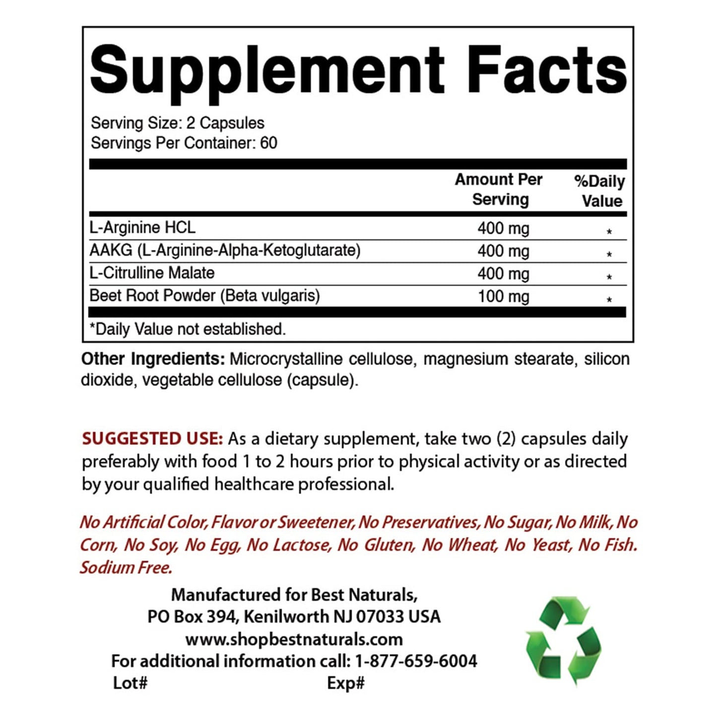 Best Naturals L-Arginine NO Booster Triple Strength 1300 mg Capsules, 120 Count