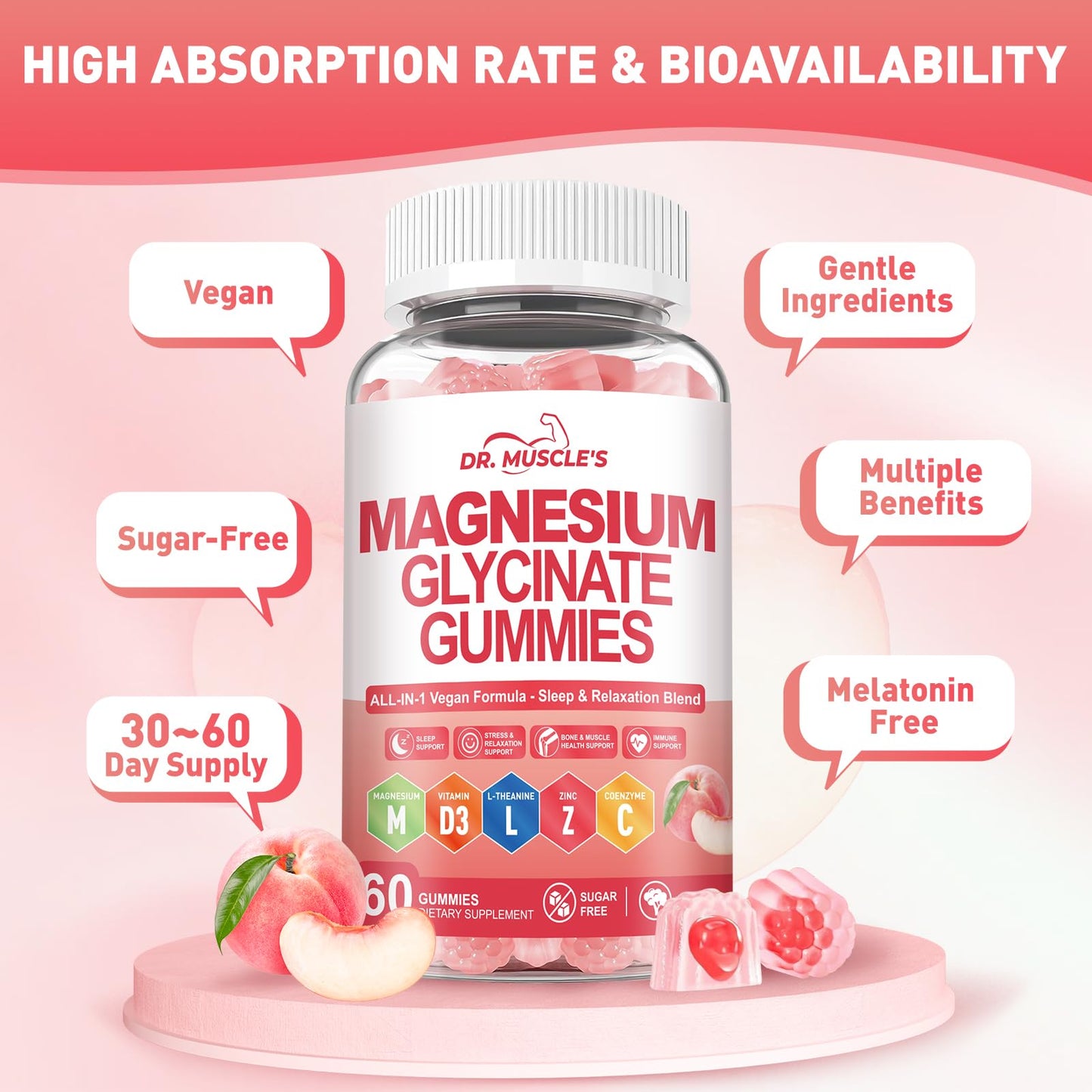 DR. MUSCLE'S Magnesium Glycinate Gummies, 60 Count