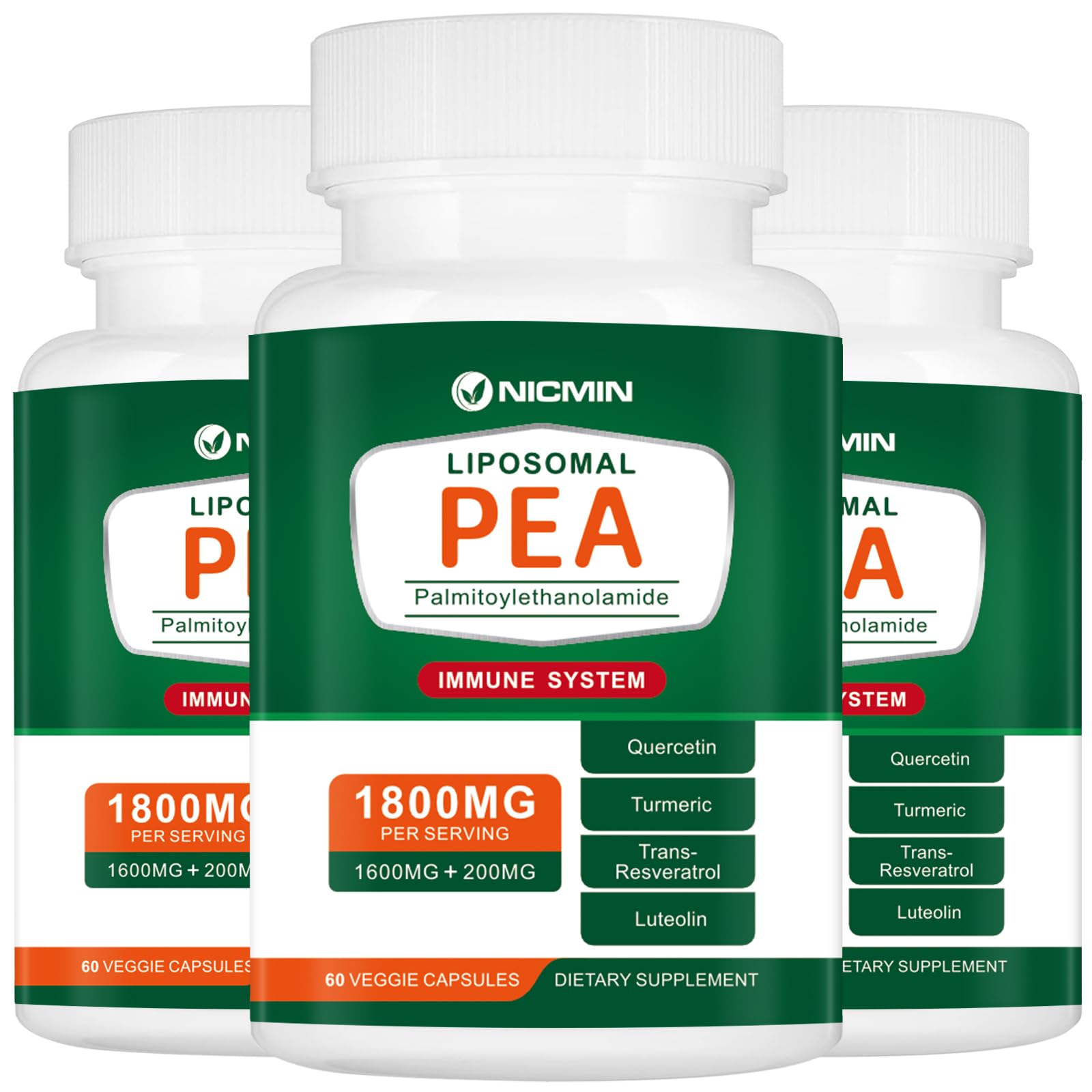 NICMIN Palmitoylethanolamide 1600mg 99% with Luteolin & Quercetin, High Absorption Pea Supplement, 180 Capsules