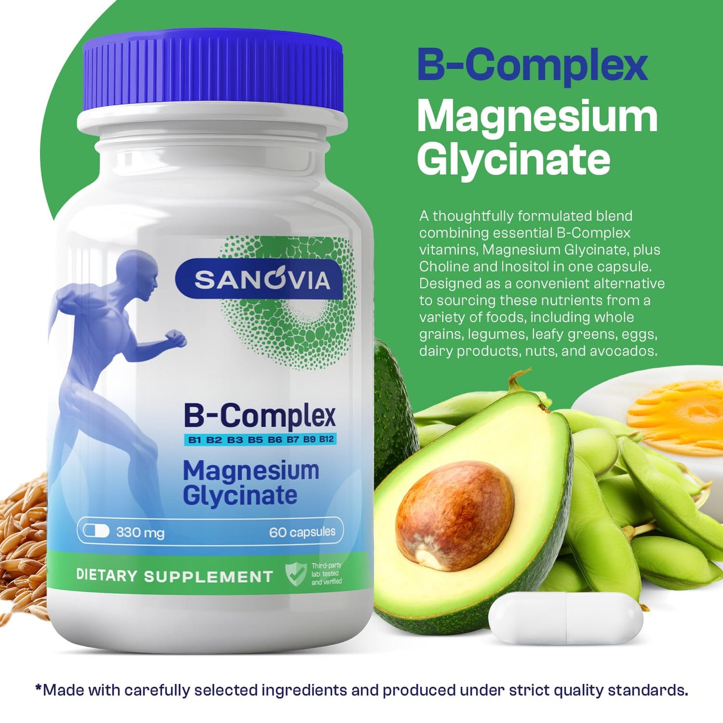SANOVIA Vitamin B Complex Methylated with Magnesium Glycinate Capsules, 90 Count