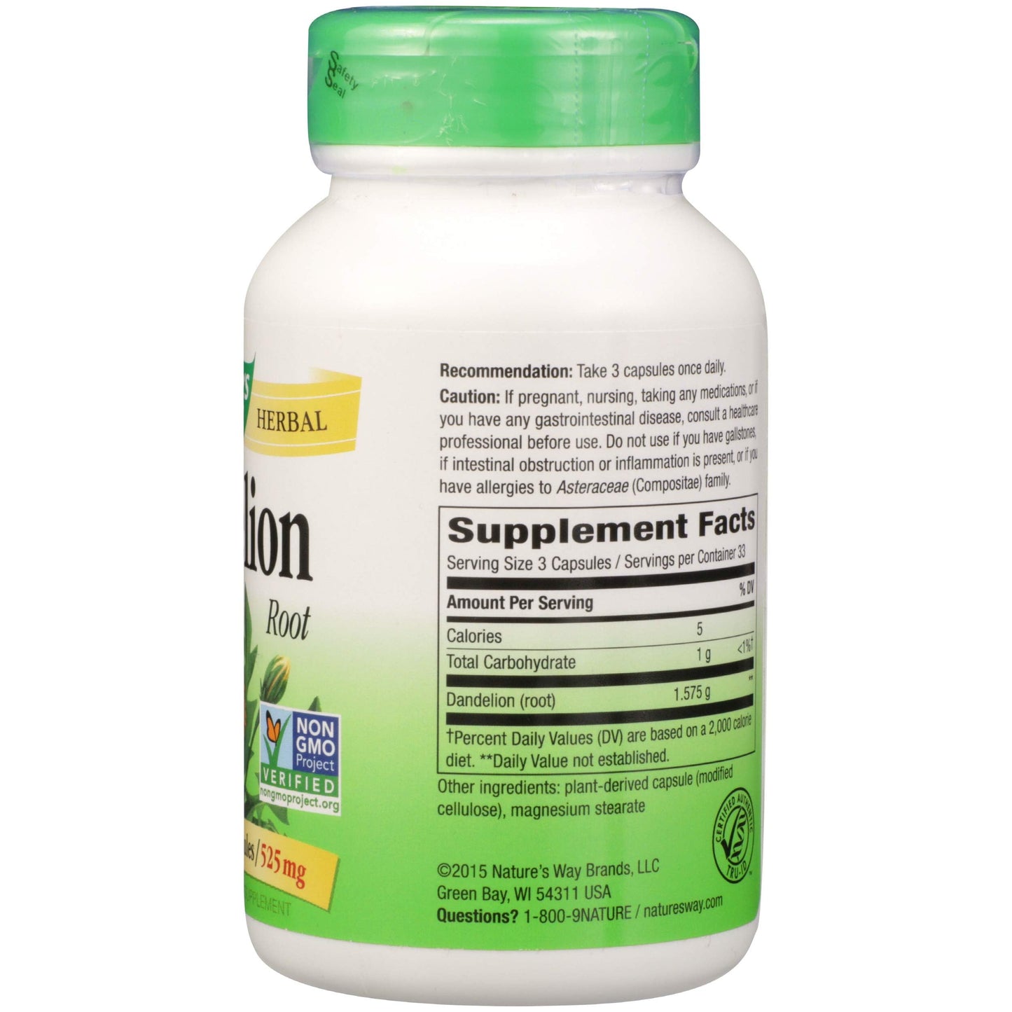 Nature's Way Dandelion Root 525 mg Capsule, 100 Count
