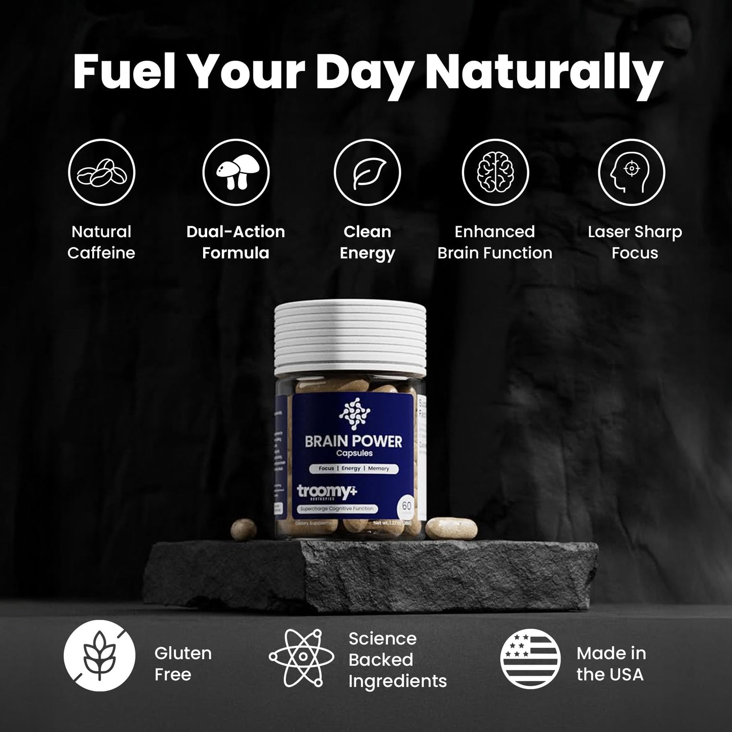 Troomy Nootropics Troomy Brain Supplements for Memory and Focus, Daily Wellness Supplement with Citicoline, Lion's Mane, and Cordyceps - Plant-Based Formula for Routine Support, Everyday Balance Capsules, 60 Count