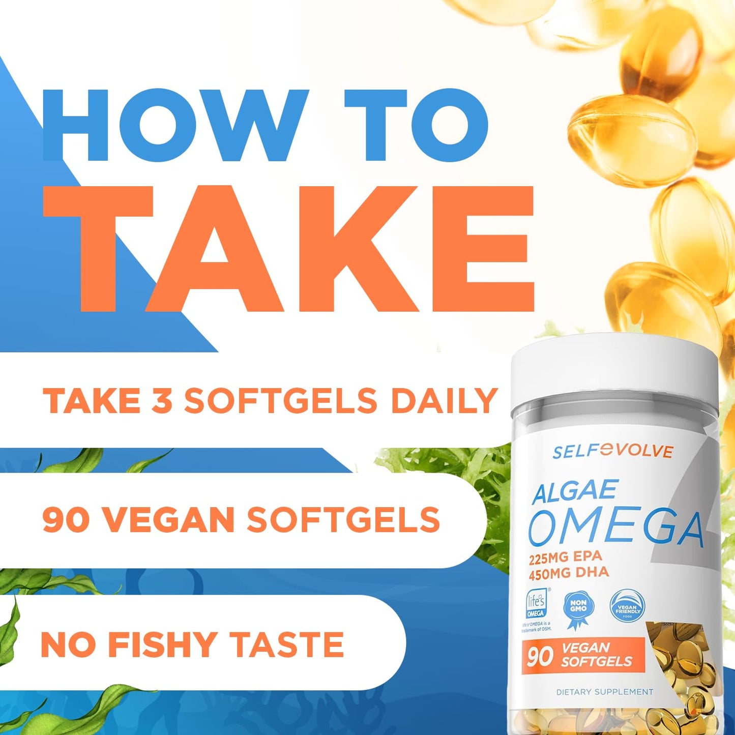 selfevolve Algae Omega 3 1,500mg - Vegan Supplement with Patented Life's Omega 3 - High Dose EPA & DHA - Better Than Fish Oil - Supports Heart, Brain, Joint Health - 90 Capsules
