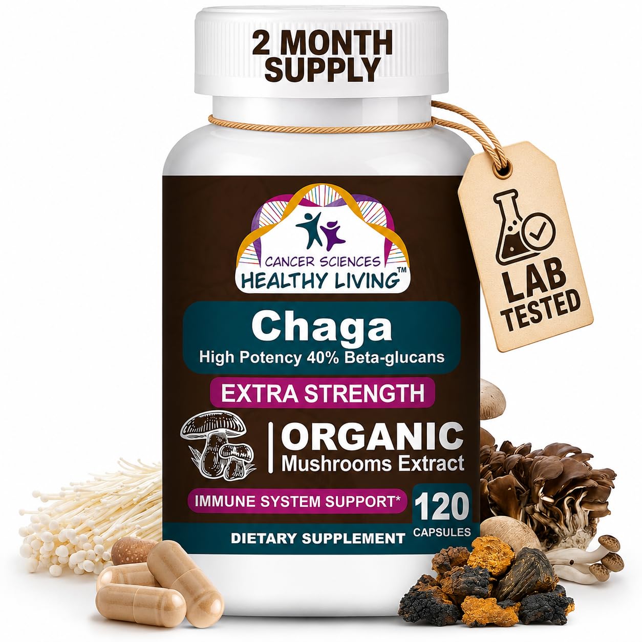 Cancer Sciences Healthy Living Chaga Wellness Mushrooms Supplement 120 Capsules