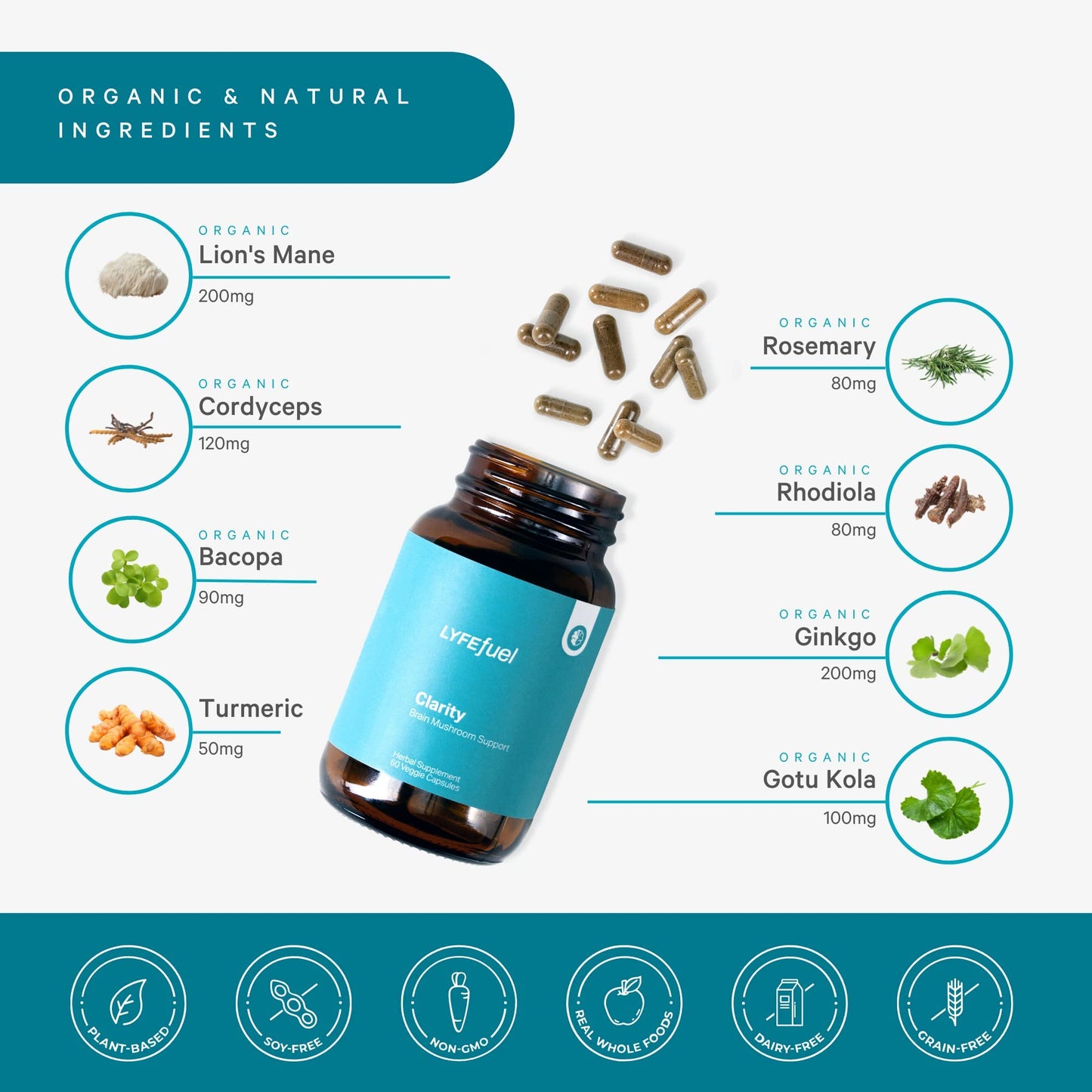 LyfeFuel Nootropic Mushroom Supplement for Clarity & Focus Capsule, 1 Count