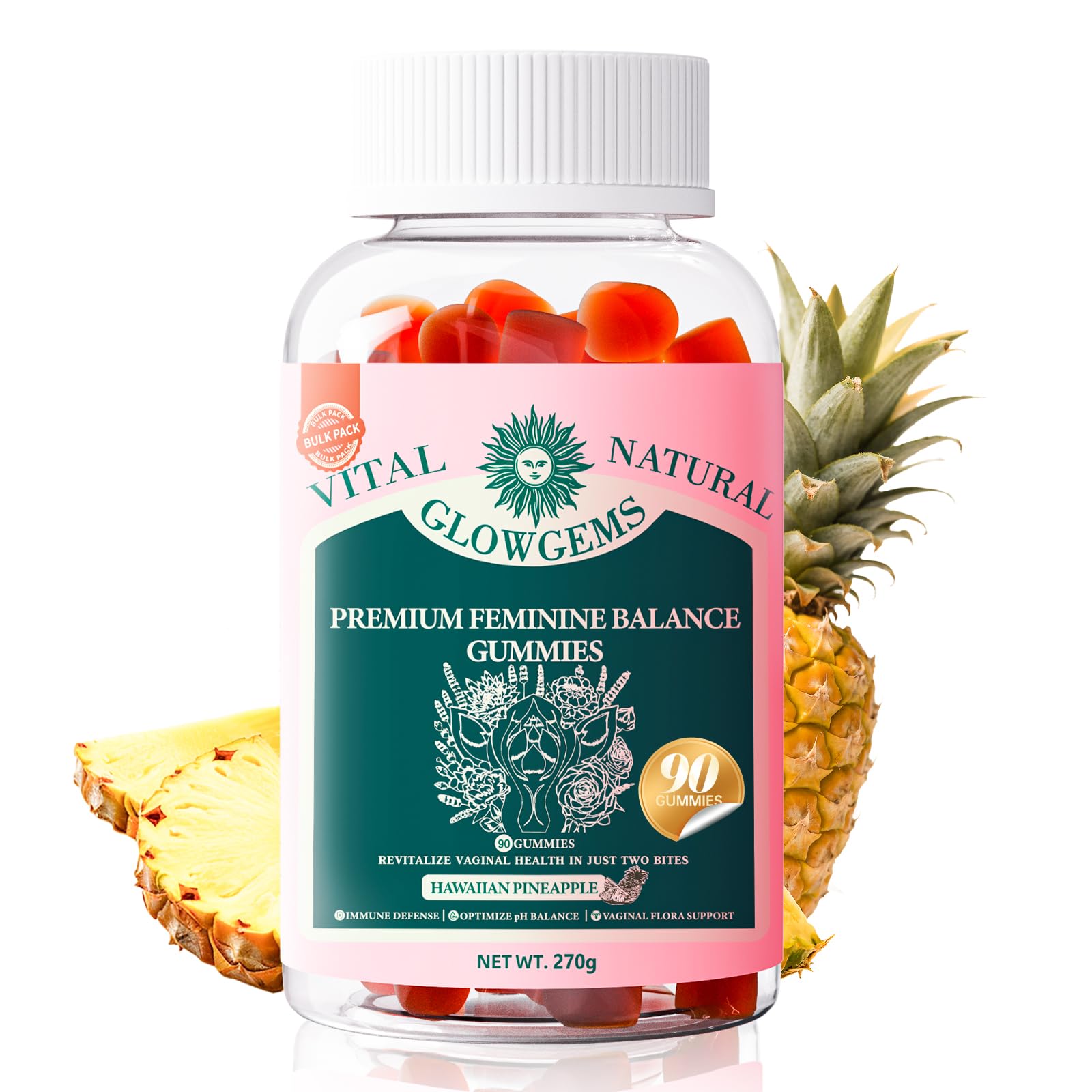 GlowGems Vital Natural Feminine Balance Gummies Chewable 90 Count