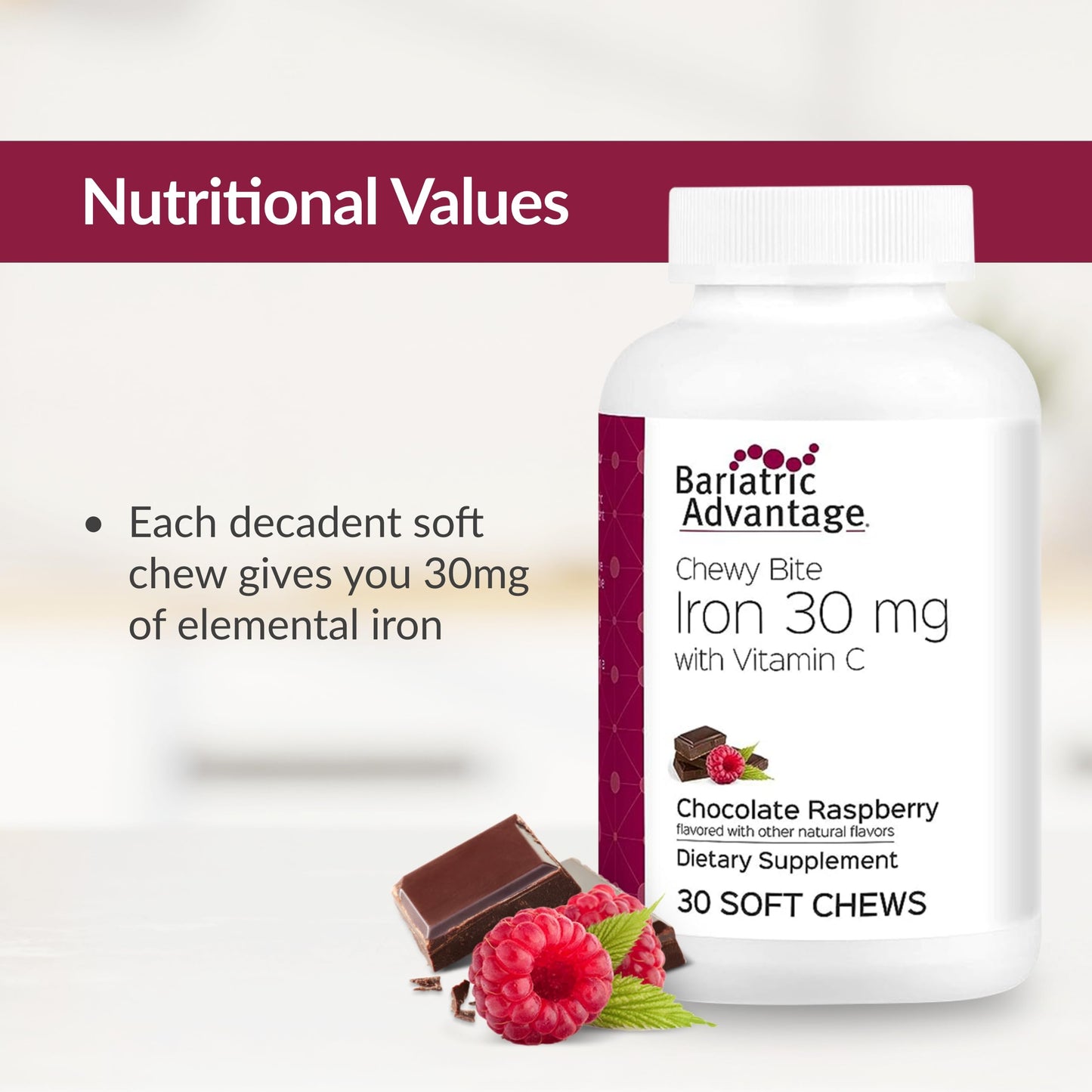Bariatric Advantage Iron Chewy Bite Chocolate Raspberry Truffle Chewable, 60 Count