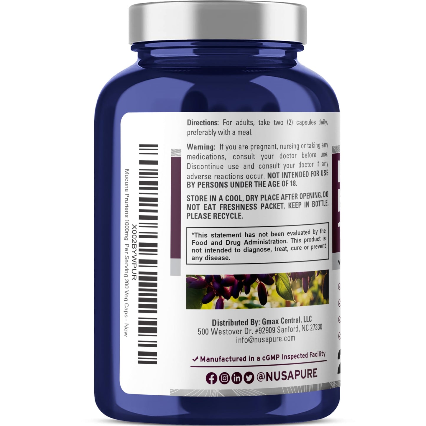 NusaPure Mucuna Pruriens 1000mg Capsules, 200 Count