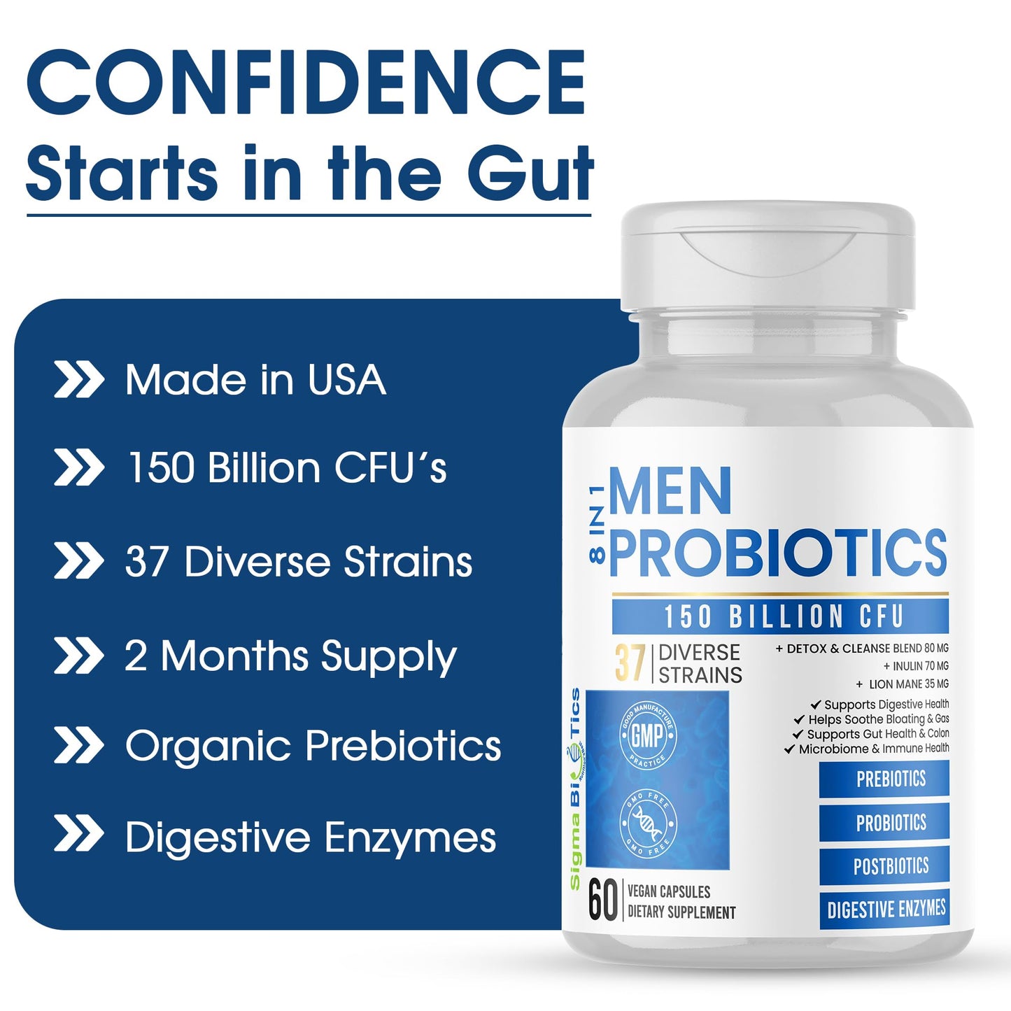 SigmaBiotics Probiotics for Men 150 Billion CFU Acidophilus Capsules with Prebiotics & Postbiotics, 37 Strains with Digestive Enzymes, Supports Gut Microbiome, Colon & Immune Health, 60 Vegan Capsules