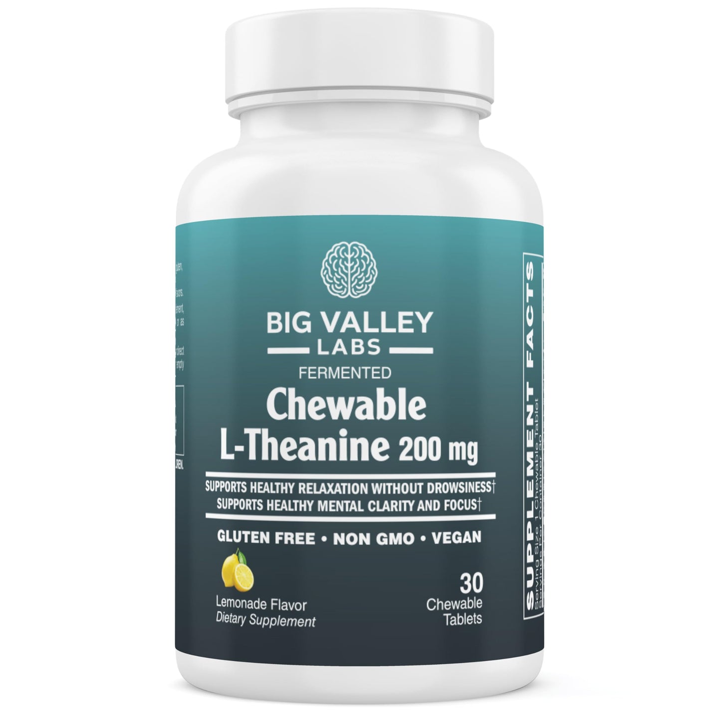 Big Valley Labs L-Theanine 200 mg Chewable Tablet – AlphaWave® Lemonade Flavor – Vegan, Non-GMO, Gluten-Free Supplement for Calm, Focus and Brain Function, 30 Chewable Tablets