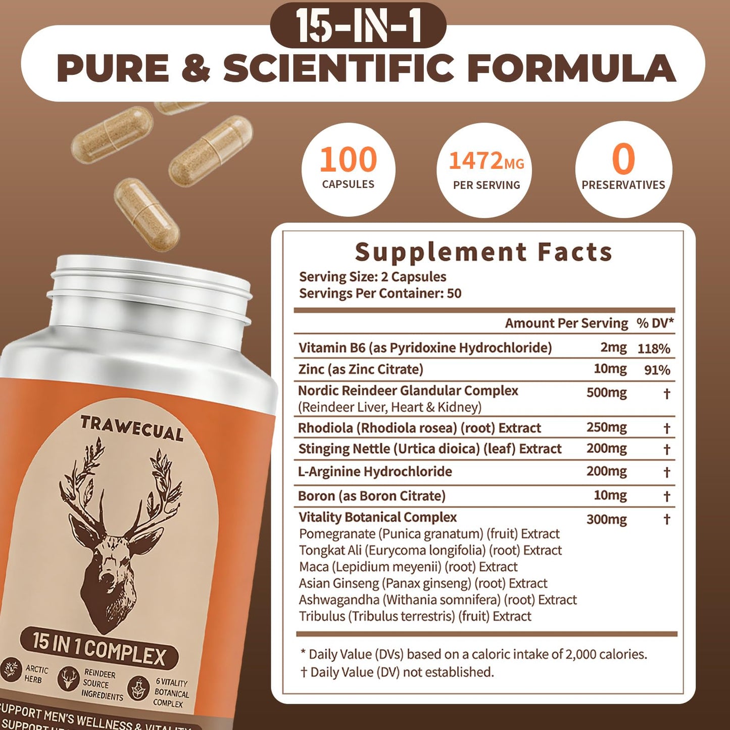 Trawecual Reindeer Organ Supplement for Men, Arctic Herb & Reindeer Organ Blend, 15-in-1 Formula to Support Energy, Stamina & Daily Wellness, 100 Capsules