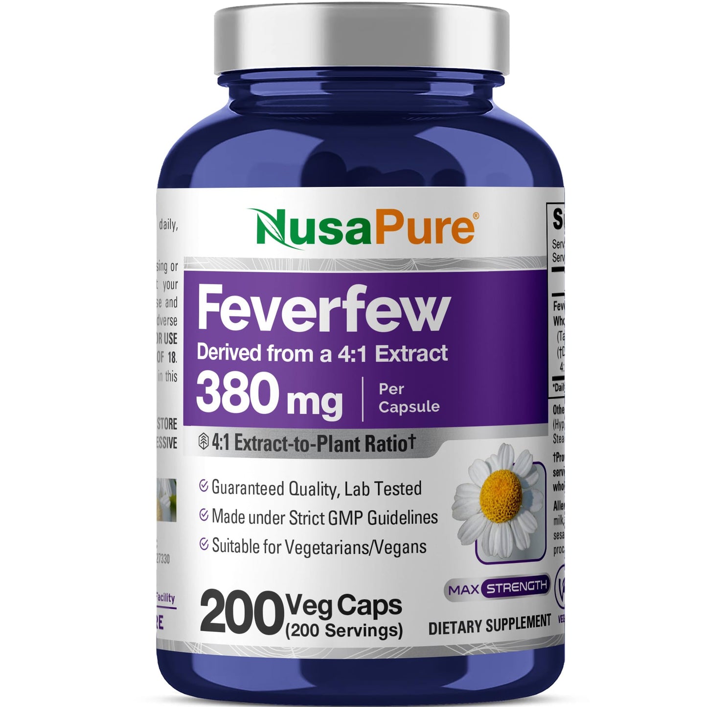 NusaPure Feverfew 380 mg Capsules, 200 Count