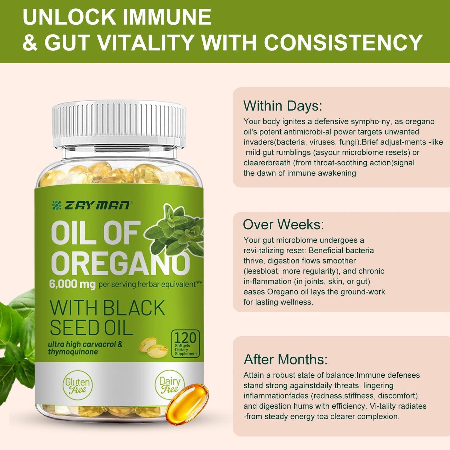 ZAYMAN Oil of Oregano Softgels 6000mg with Black Seed Oil 200mg, 120 Softgels