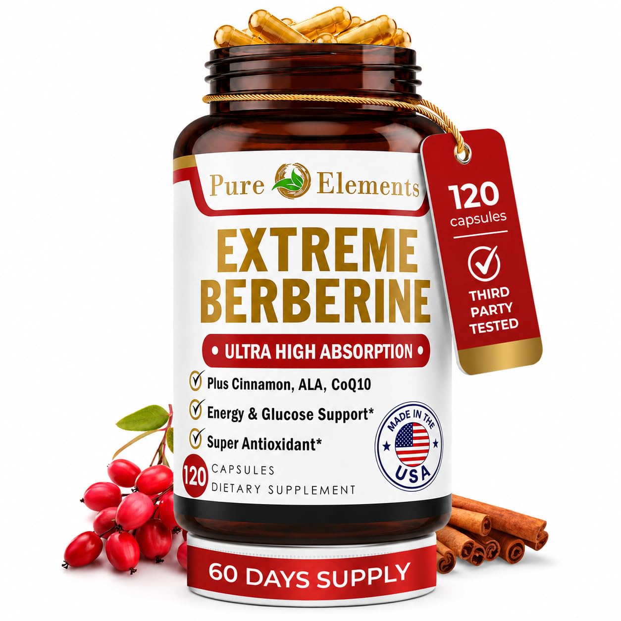 Pure Organic Elements Berberine 500mg with ALA, CoQ10, Turmeric & Cinnamon Capsules 1 Count
