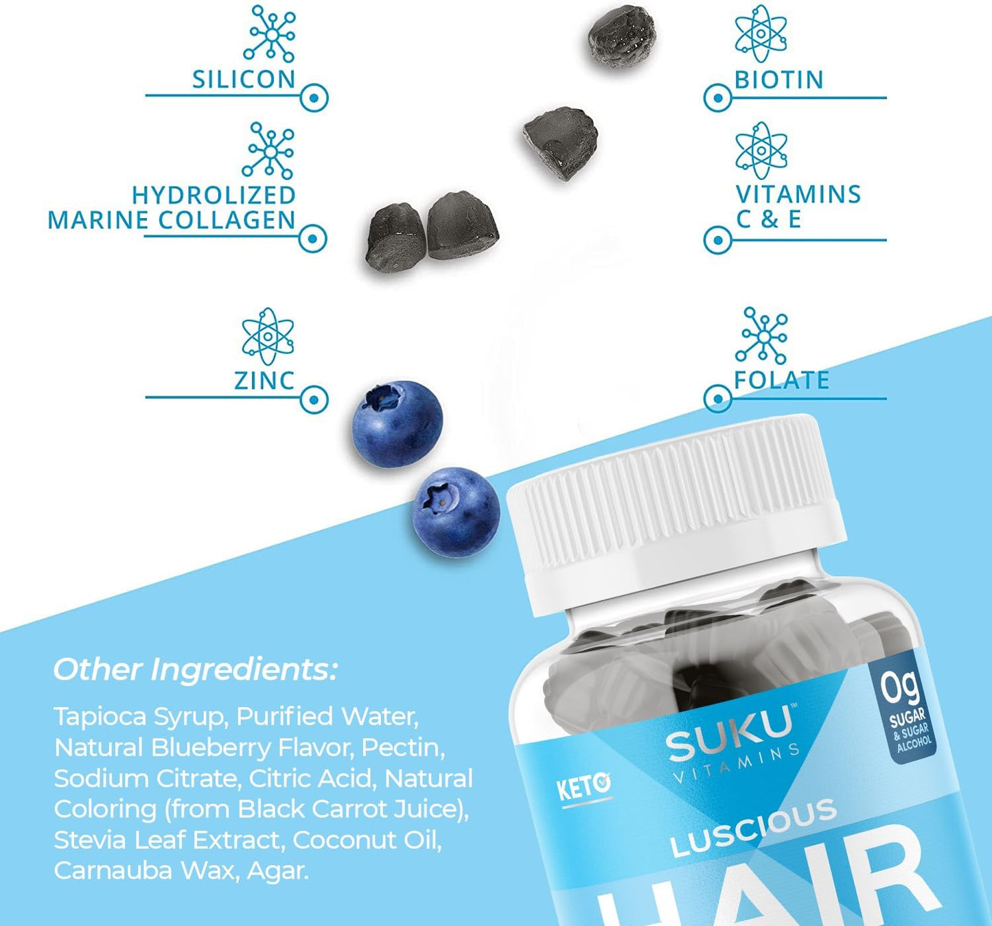 SUKU Luscious Hair Silicon Biotin and Hydrolyzed Marine Collagen Gummies for Skin, Hair & Nails - Blueberry Flavor - 50 Count