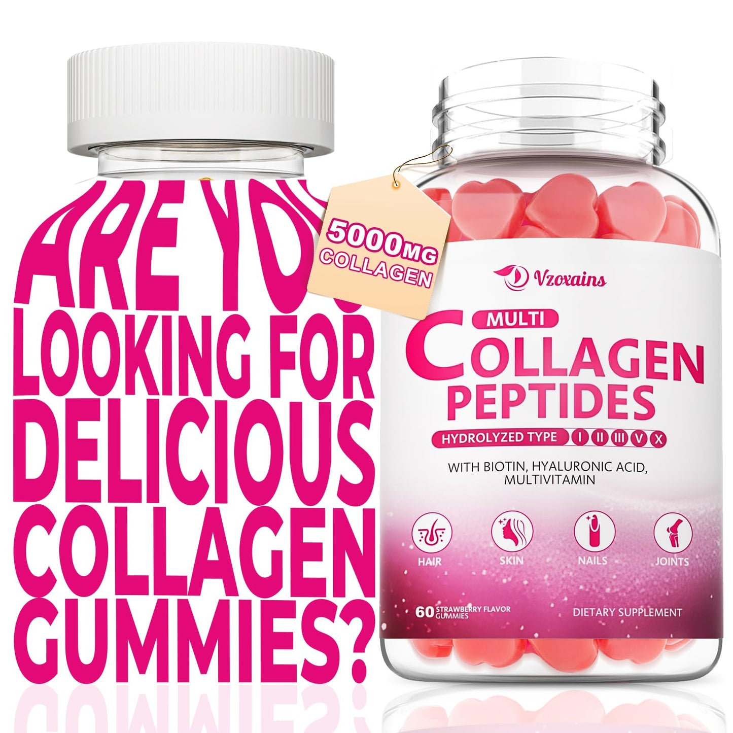 VZOXAINS Collagen Peptides Gummies, Gummy, 120 Count