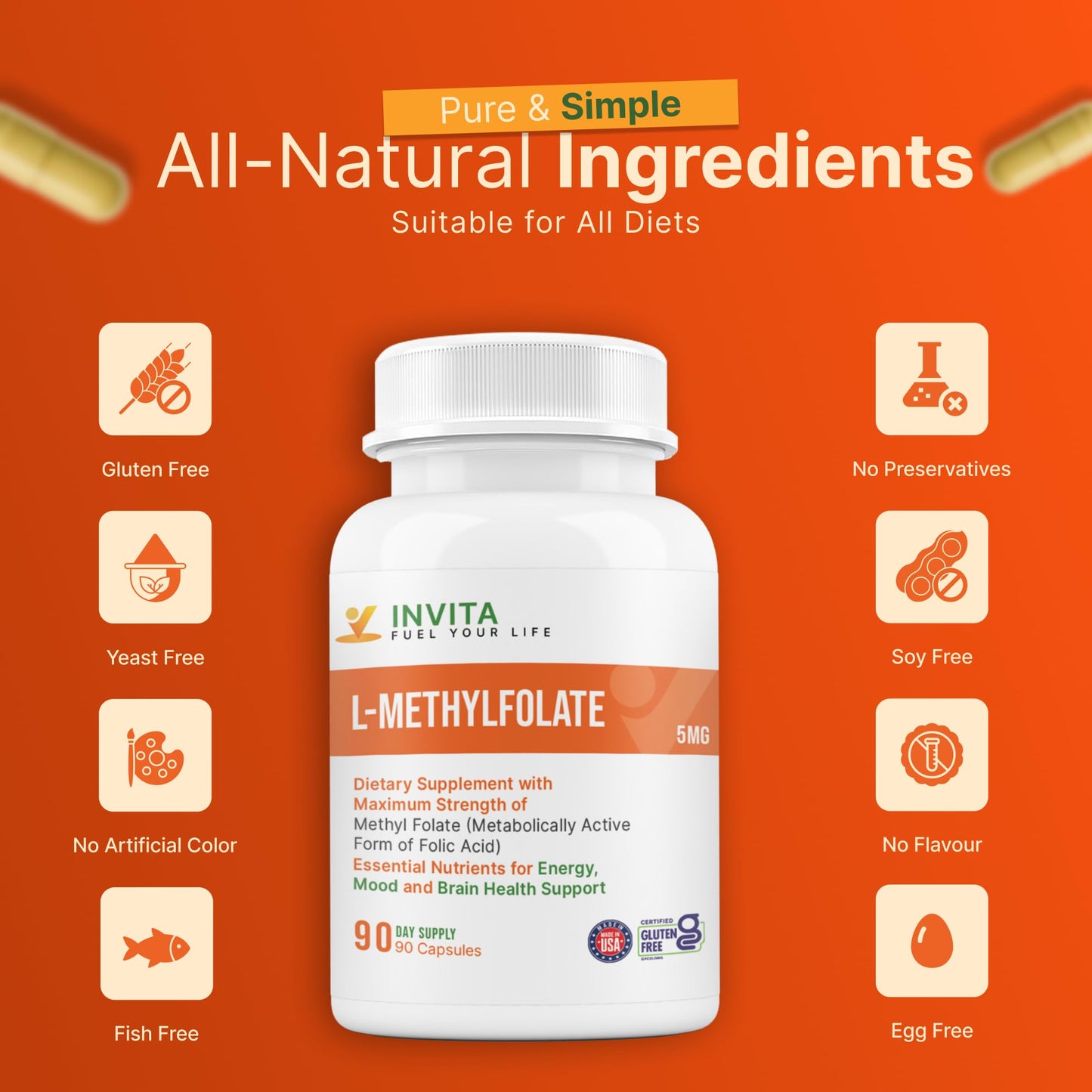 INVITA L-Methylfolate 5mg Capsule, 90 Count