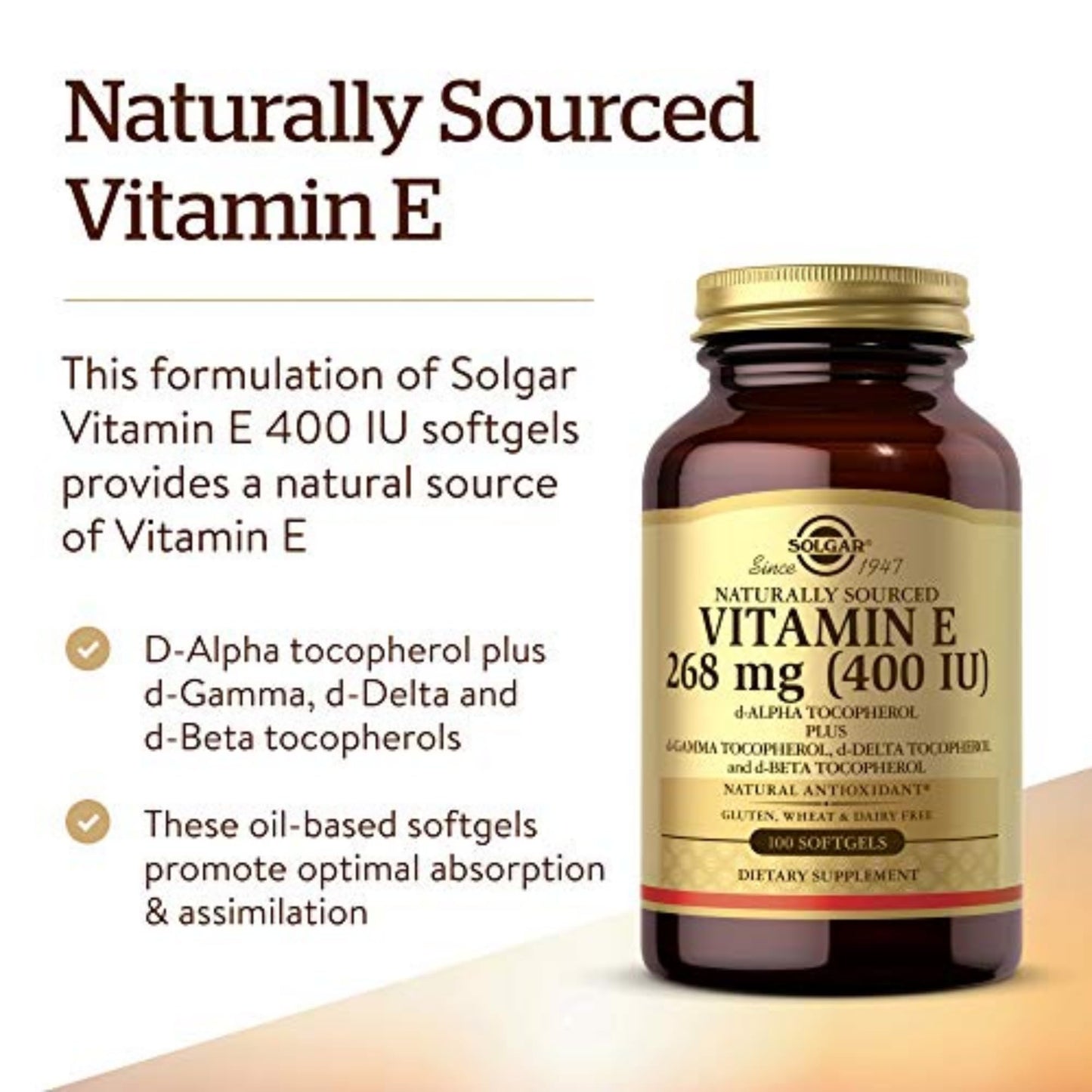 Solgar Vitamin E 268 mg (400 IU) d-Alpha Tocopherol & Mixed Tocopherols Softgels, 100 Count