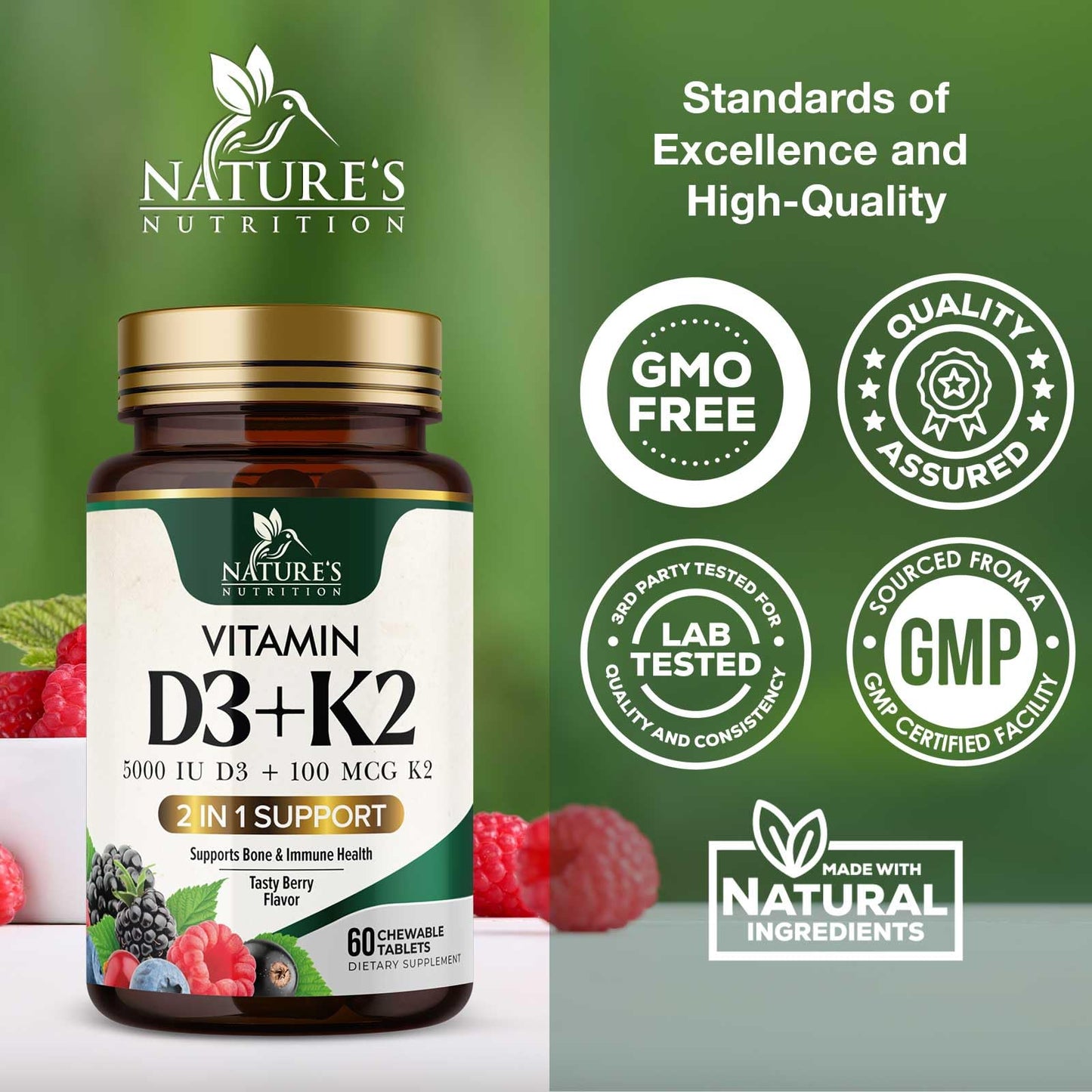 Nature's Nutrition Vitamin D3 K2 Supplement 60 Tablets