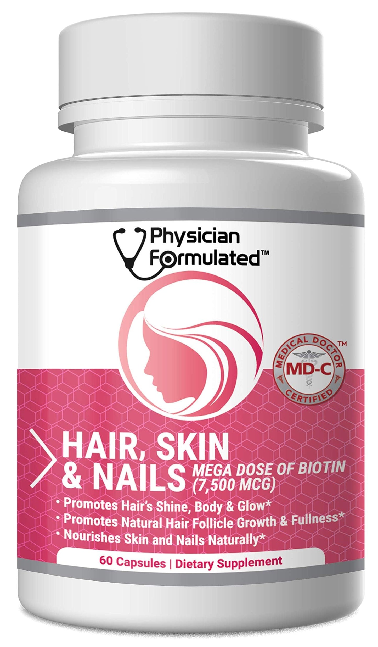 Physician Formulated Healthy Hair Skin and Nails Vitamins for Men and Women - 7500 mcg Biotin, Amino Acids, Collagen and Hyaluronic Acid, 60 Capsules