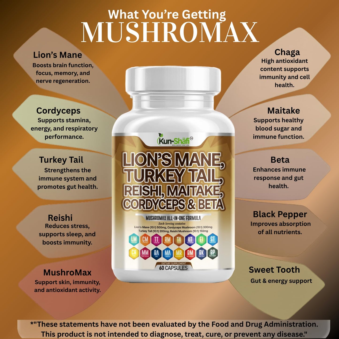 Kun Shafi Lions Mane Mushroom Supplement 20in1 with Turkey Tail Reishi Cordyceps Chaga Maitake Meshima Poria Cocos Shiitake Oyster Porcini Enoki 60 Capsules