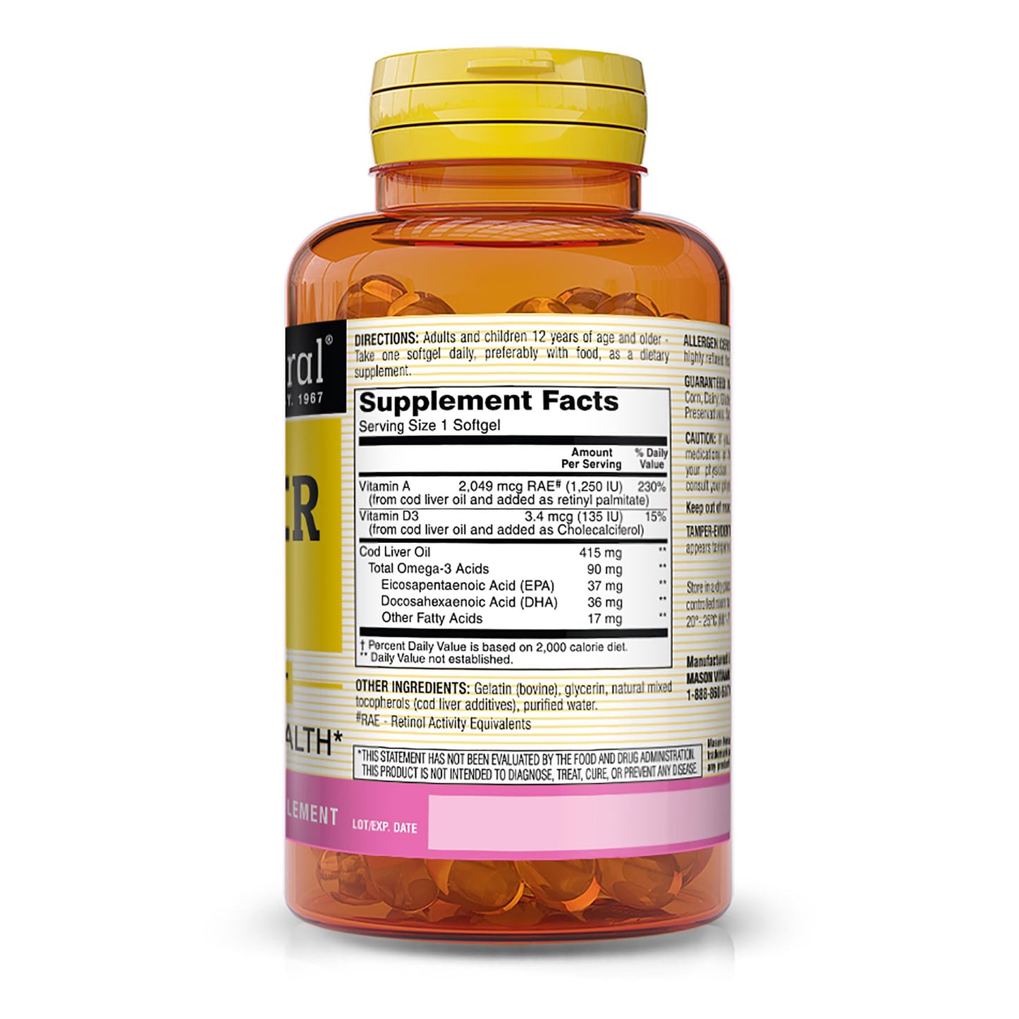 Mason Natural Cod Liver Oil Plus Vitamin A & D3 Softgels, 100 Softgels