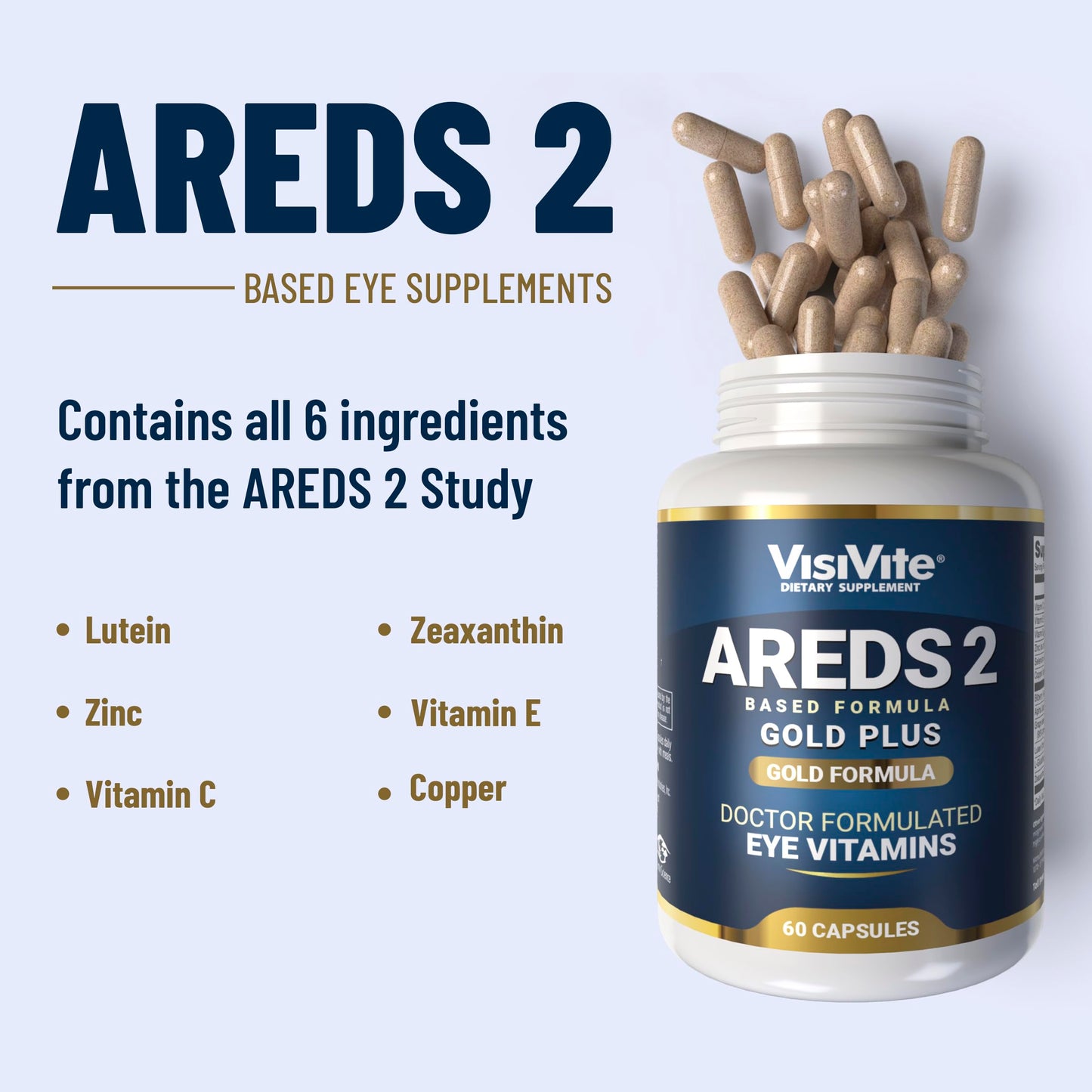 VisiVite AREDS 2 Plus Eye Vitamins with Zeaxanthin and Lutein, Bilberry and Grape Seed Extract, Premium Eye Health Formula, Capsules, 60 Count