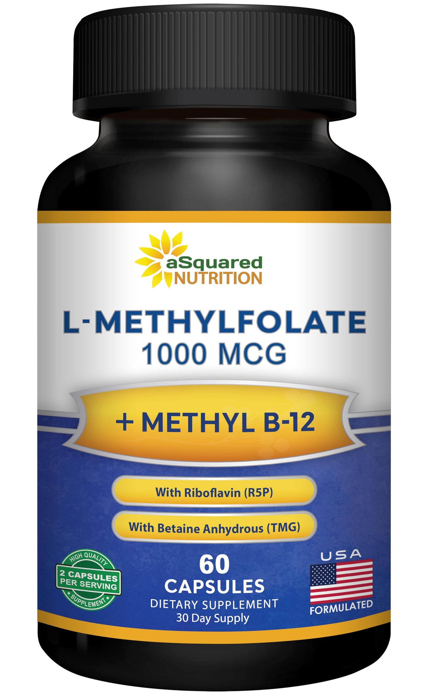 aSquared Nutrition L-Methylfolate Plus Methyl B12 - Methylated Folate Supplement for Women & Men - 5-MTHF (Active Vitamin B9) 1000 mcg & B-12 1mg - B Complex - 60 Capsules