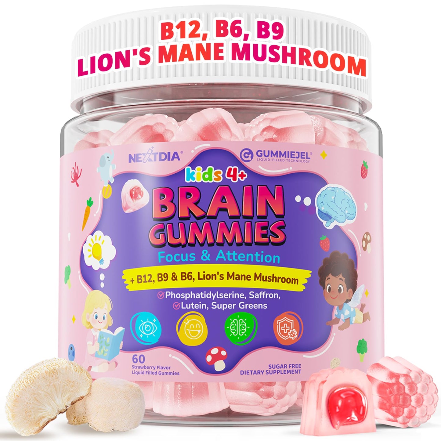Nextdia Kid Focus Gummies with Lion's Mane – Methyl B6, B9, B12 + Super Greens, Focus & Attention, Cognitive Function & Energy & Vision Support, 59 Gummies