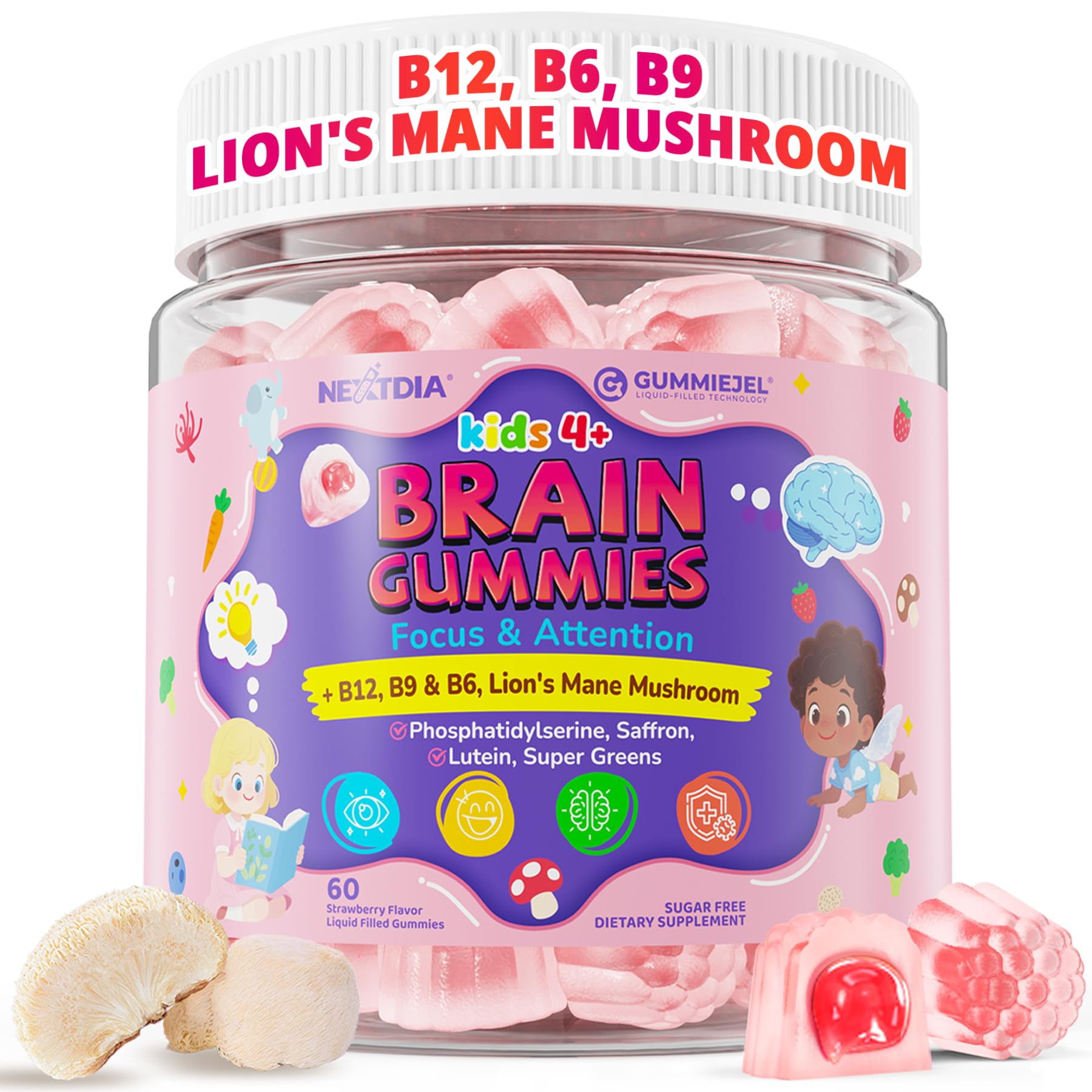 Nextdia Kid Focus Gummies with Lion's Mane – Methyl B6, B9, B12 + Super Greens, Focus & Attention, Cognitive Function & Energy & Vision Support, 59 Gummies