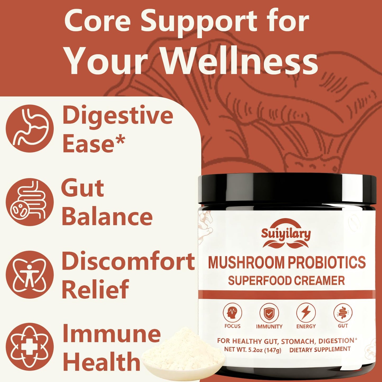 Suiyilary Mushroom Probiotic Coffee Creamer Powder, 5.2 oz