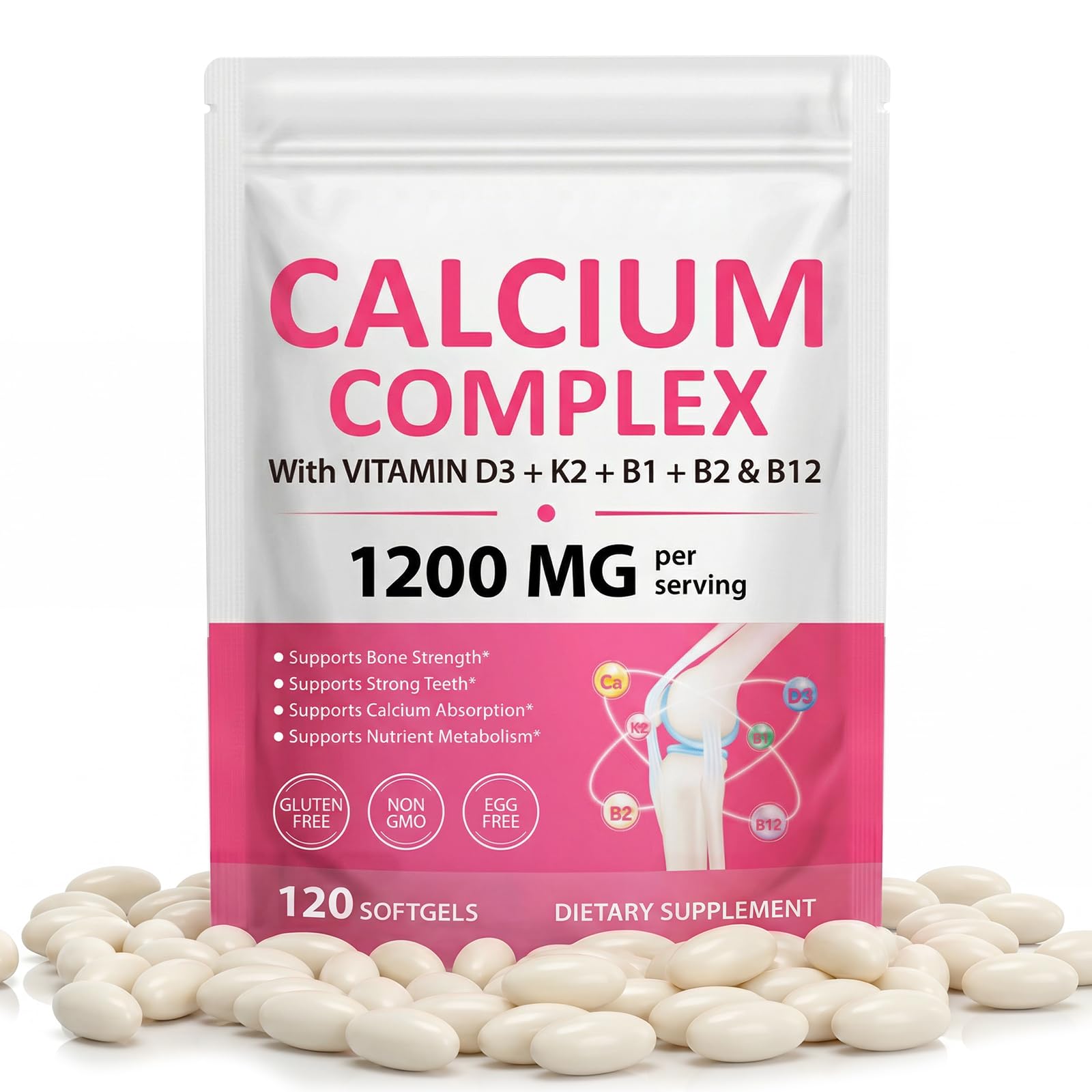 RTEWXLP Calcium Complex Supplement with D3, K2, B1, B2 & B12 Softgels, 120 Count