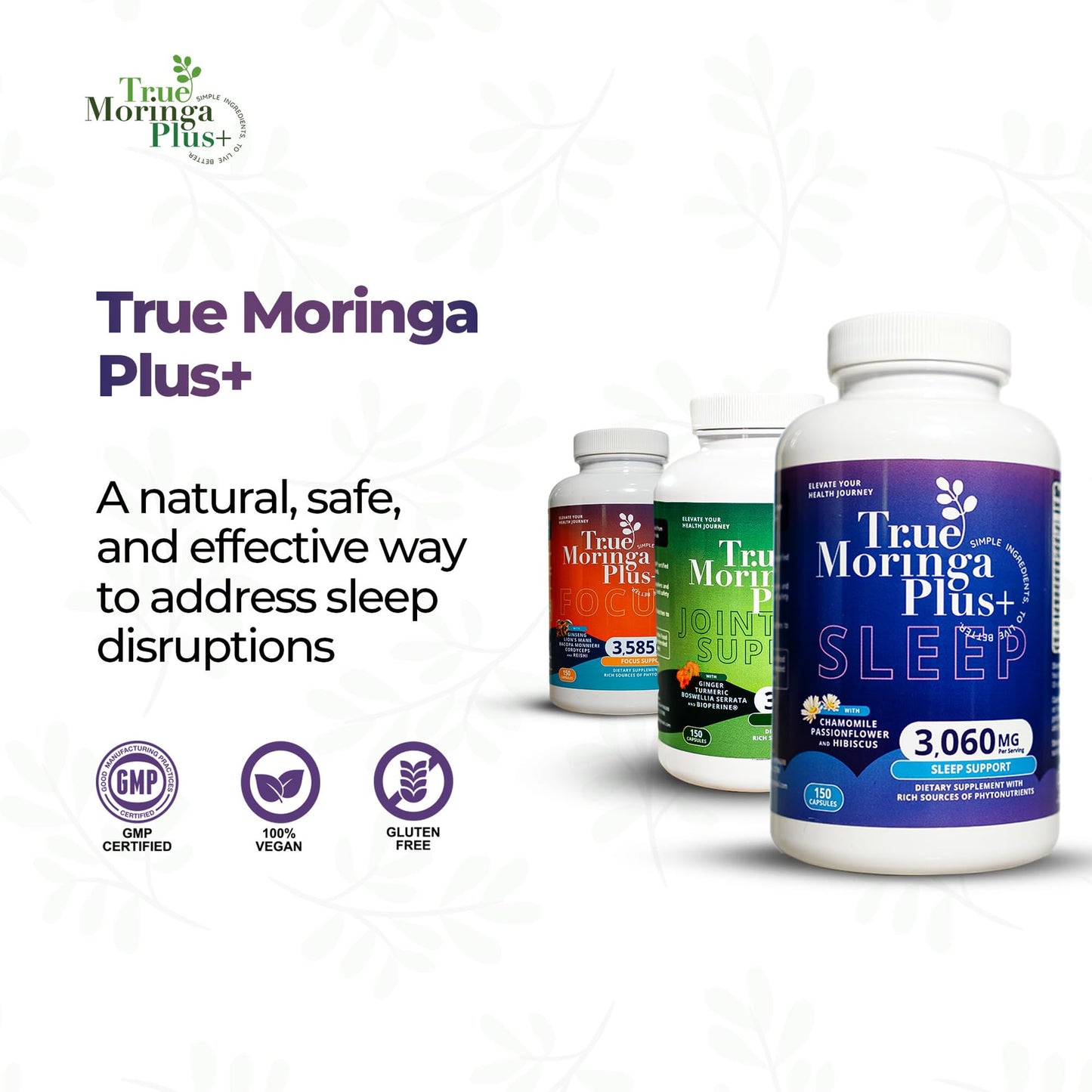 True Moringa Plus+ Sleep Support Supplement 10:1 Extract Capsules, 150 Count