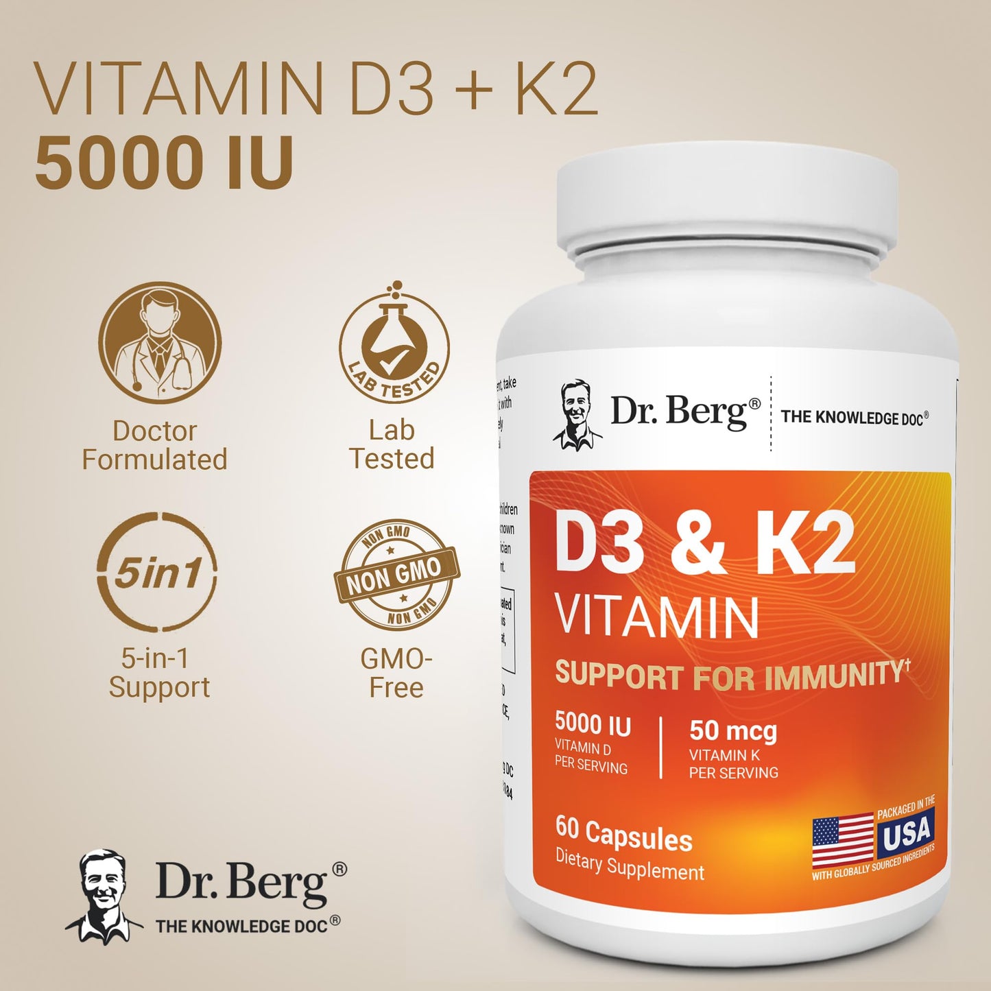 Dr. Berg Nutritionals Maximum Strength 2-in-1 Vitamin D3 K2 5000 IU Capsules, 60 Count