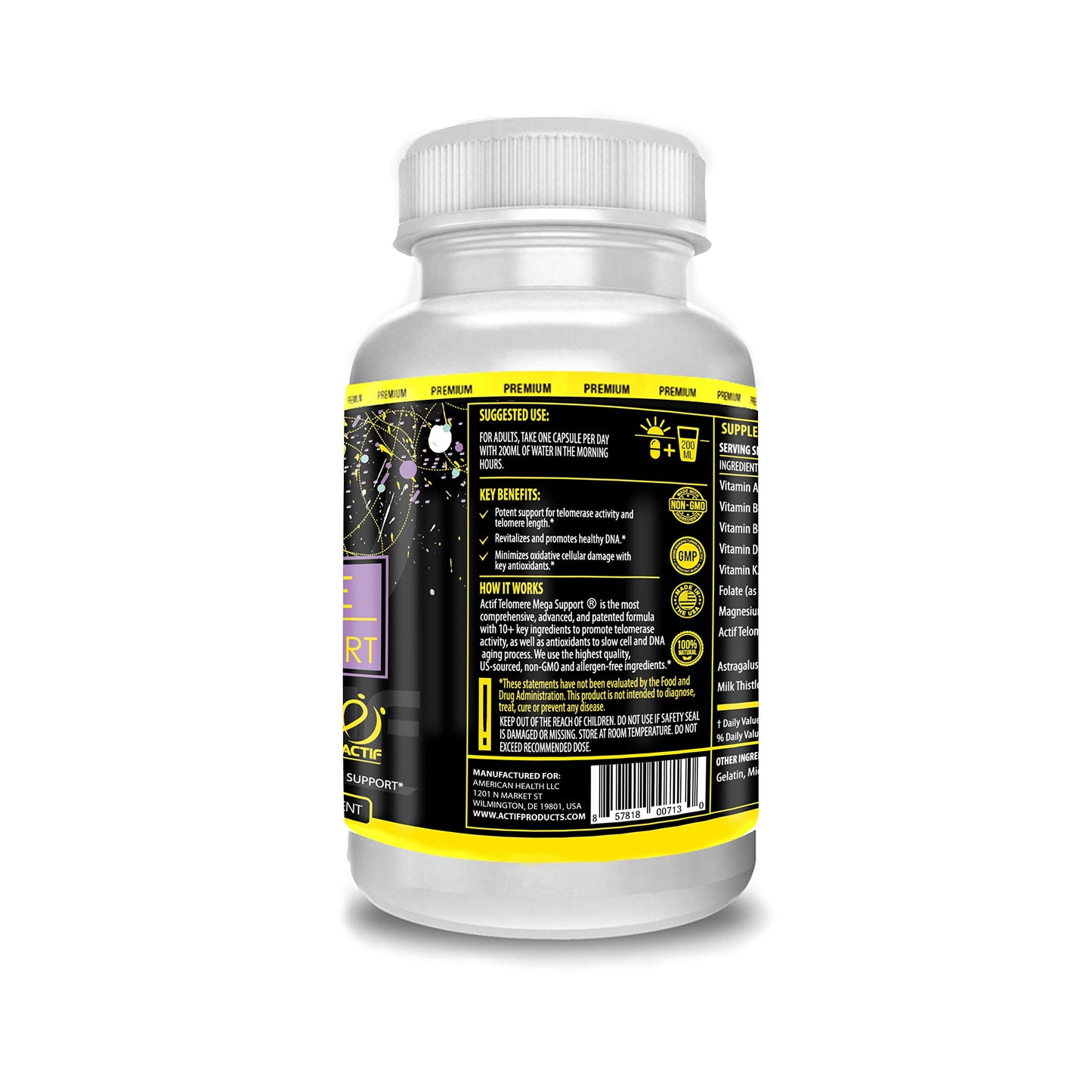 ACTIF Telomere Mega Support with 10+ Factors, Telomerase and DNA Supplement for Energy, Memory and Anti-Aging, Non-GMO, Capsules, 60 Count