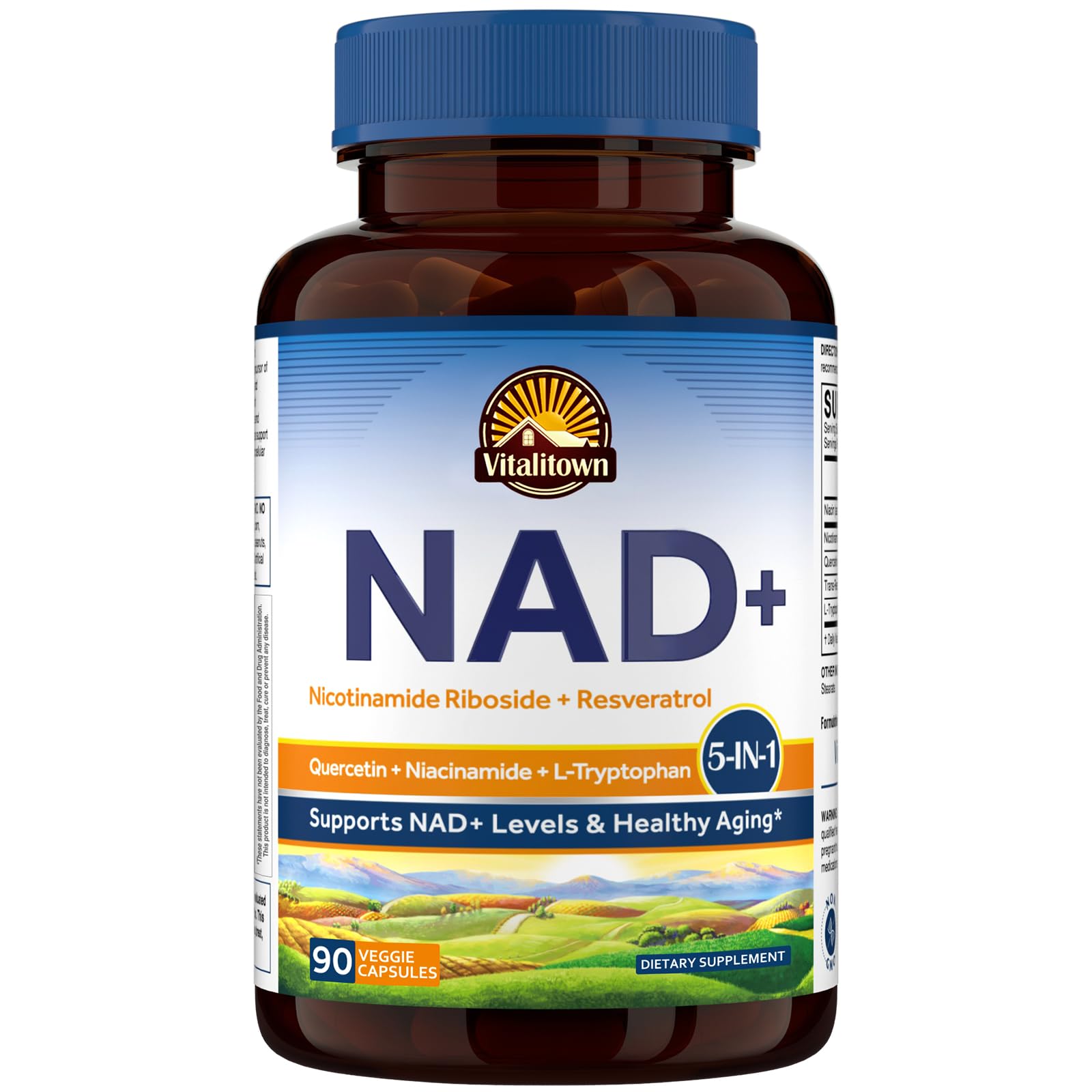 Vitalitown 5 in 1 NAD+, NMN Supplement Alternatives, Nicotinamide Riboside (NR), Trans-Resveratrol, Quercetin, Niacinamide, L-Tryptophan, 90 Veggie Capsules