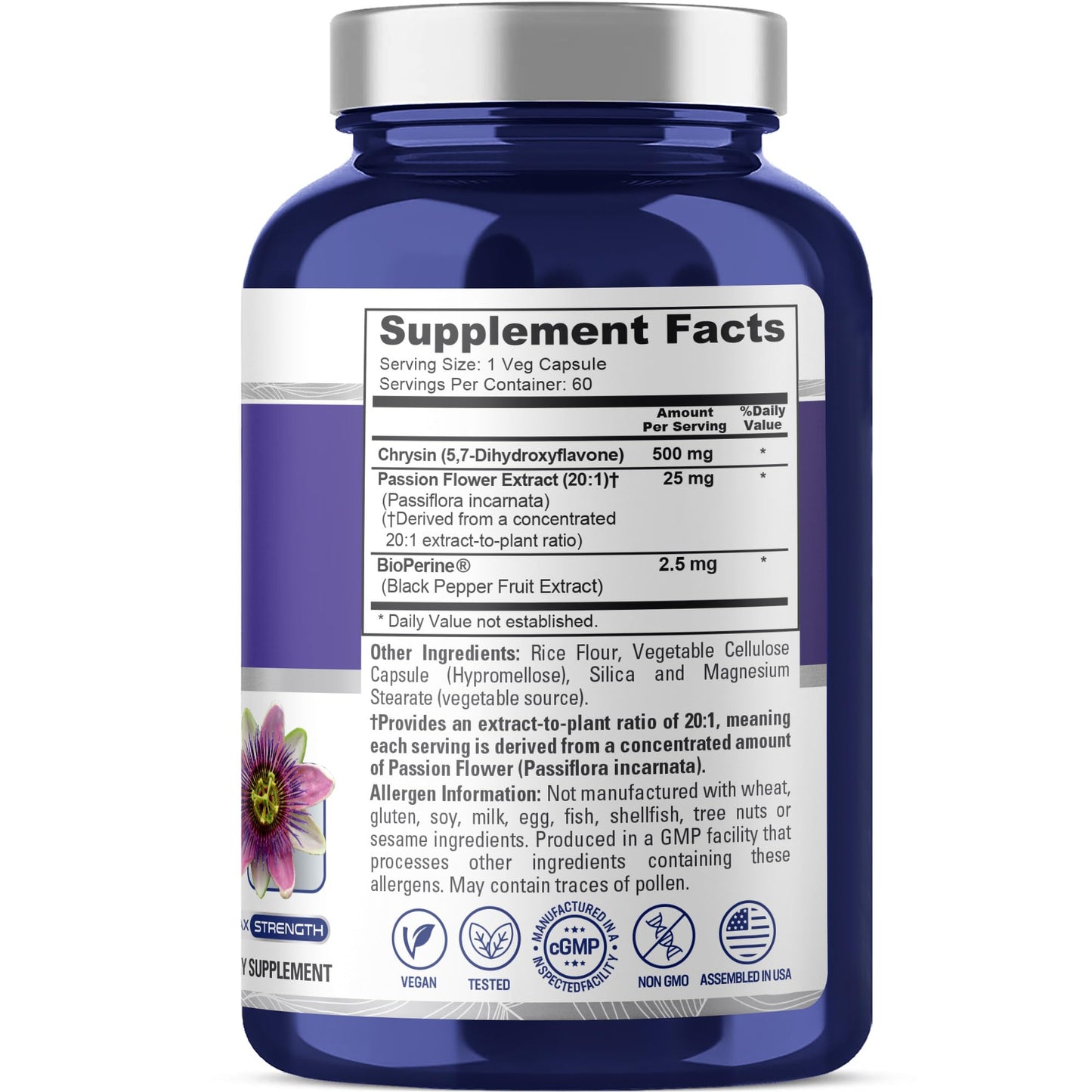 NusaPure Chrysin with Passion Flower Capsules, 60 Count