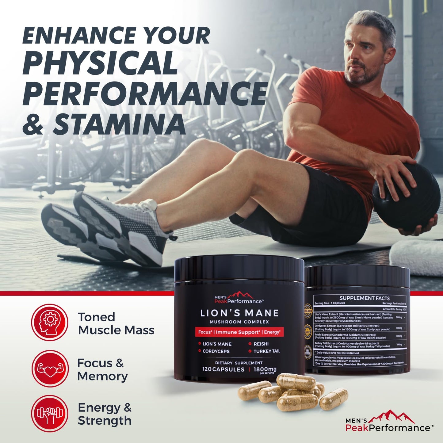 MEN'S PeakPerformance Lion's Mane Mushroom Supplement Capsules, 120 Capsules