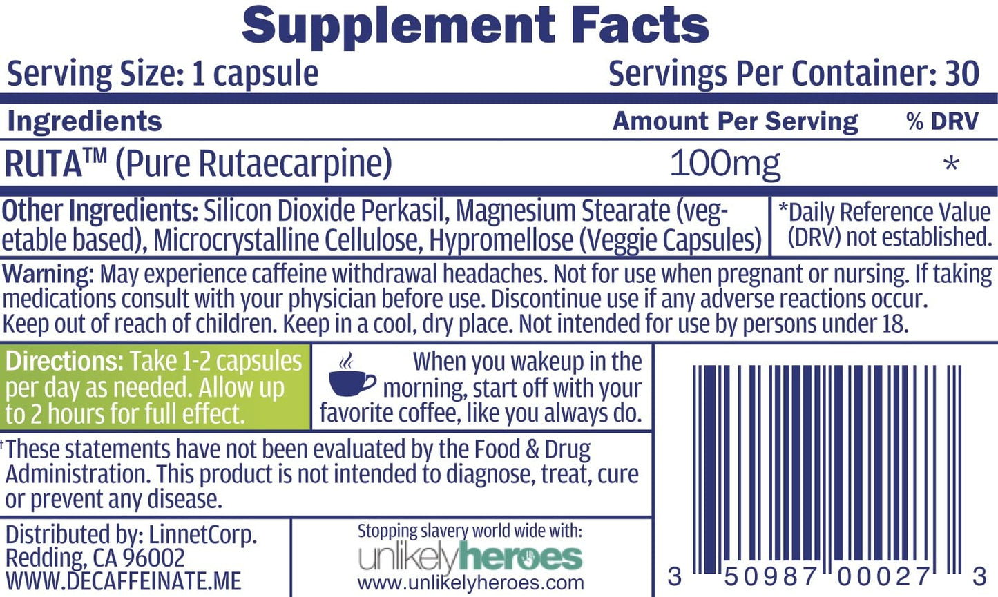 RUTA Daily De-Caffeinate: Advanced Caffeine Eliminator Supplement – Natural Acting Non-Addictive Formula that Supports Relaxation and Deep, Restful Sleep Capsule, 30 Count