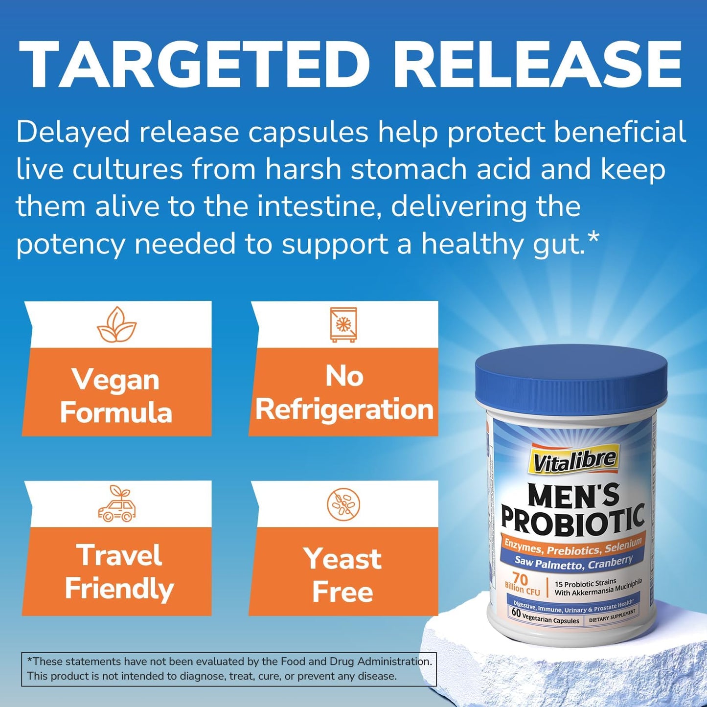 Vitalibre Probiotics for Men with Akkermansia Muciniphila, Prebiotics, Selenium, Enzymes, Saw Palmetto, Cranberry for Digestive, Gut, Immune, Prostate & Urinary Tract Health, 70 Billion CFUs, 60 Capsules