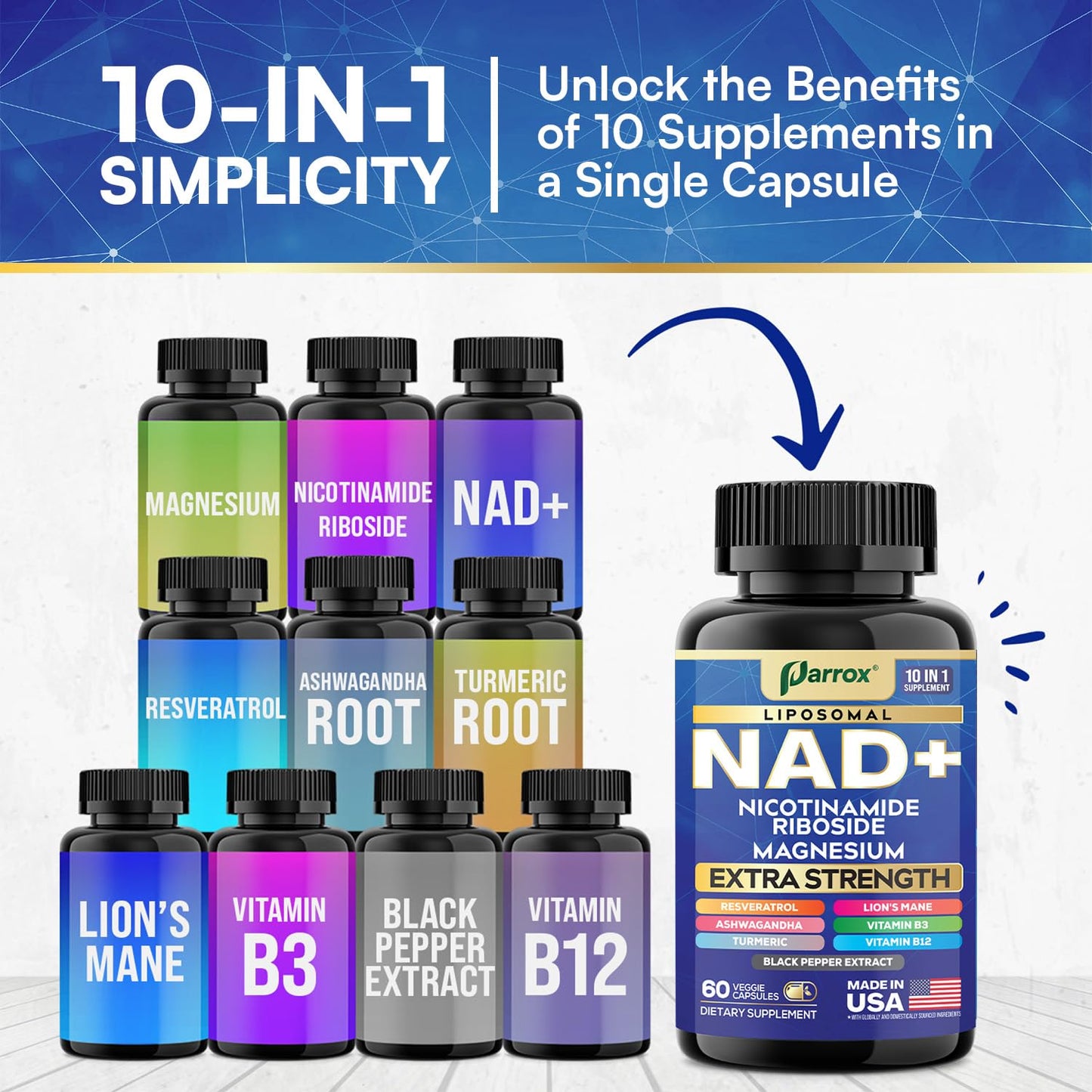 Parrox NAD+ Supplement Liposomal Nicotinamide Riboside 10-in-1 Capsule, 60 Count