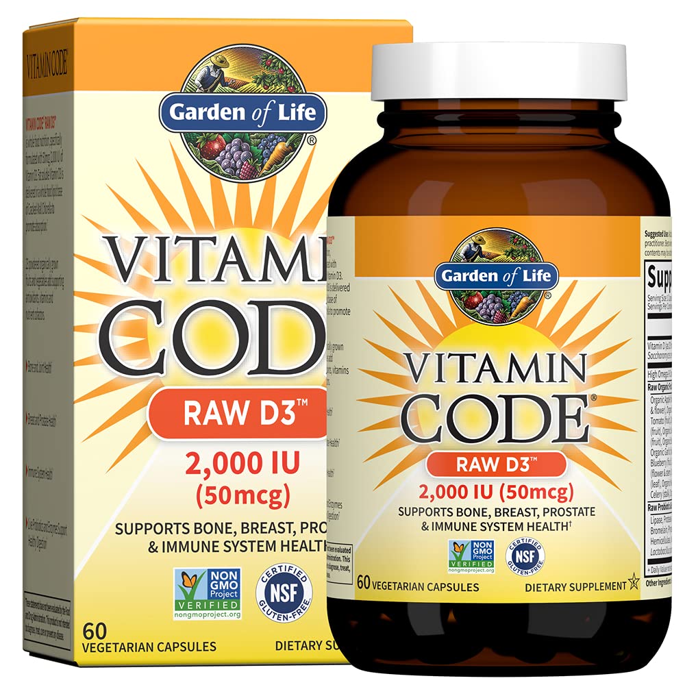 Garden of Life Vitamin Code Raw D3 Vitamin D 2,000 IU, Raw Whole Food D3 with Chlorella, Fruit, Veggies & Probiotics for Bone & Immune Health, Capsules, 60 Count